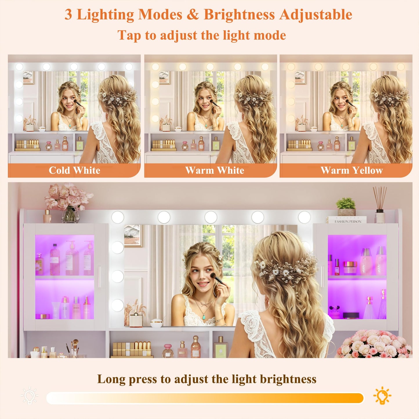 HUAHUU Large Vanity Desk with Mirror & Lights, 54.3'' Makeup Vanity with 4 RGB Cabinets and 4 Drawers, White Vanity Set with LED Lights and Power Outlet, 3 Lighting Modes, Adjustable Brightness