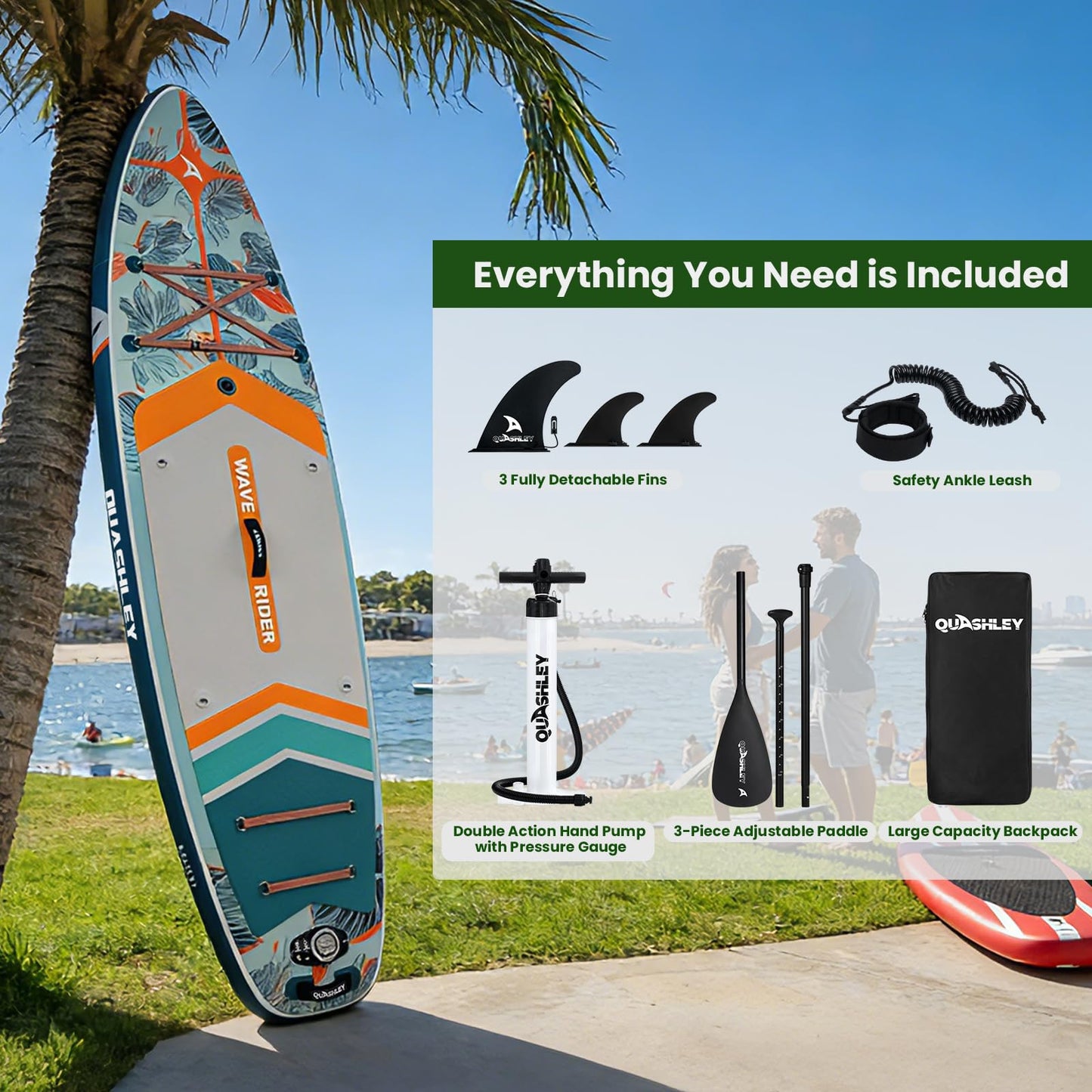 Quashley Inflatable Stand Up Paddle Board with Premium SUP Accessories,Stable Wide Design with Non-Slip EVA Deck for All Skill Levels,Ultra Stable All Around Paddleboard Plant