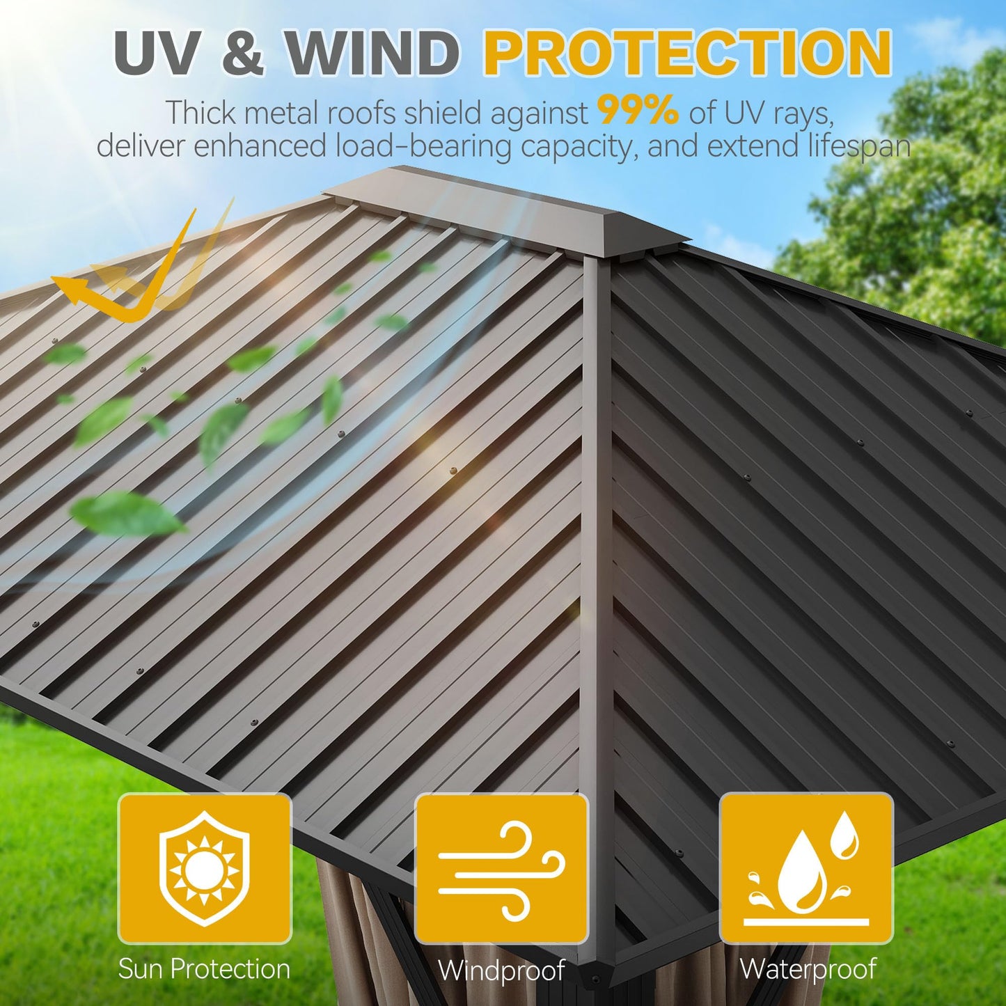 DWVO 10x12ft Gazebo Hardtop with Nettings and Curtains, Heavy Duty Galvanized Steel Outdoor Vertical Stripes Roof for Patio, Backyard, Deck, Lawns, Brown