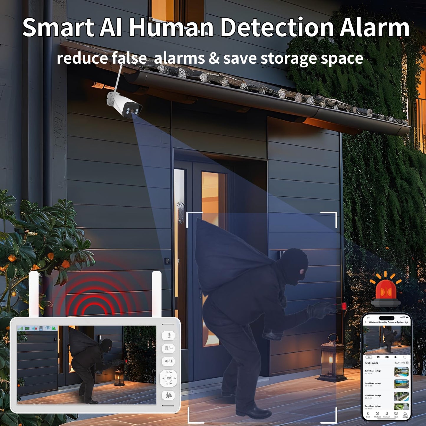 VTimes 4Pcs Wireless Home Security Camera System with Monitor, Smart AI Human Motion Detection, 2-Way Audio, Surveillance Kits for Indoor Outdoor, No Blind Spots, No Subscription, No WiFi Needed