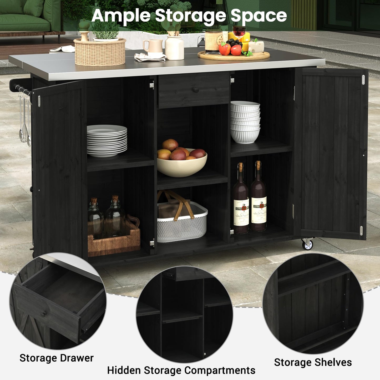 52.25" W Outdoor Kitchen Island Patio Grill Cart with Stainless Steel Tabletop, Storage Cabinet for BBQ, Bar