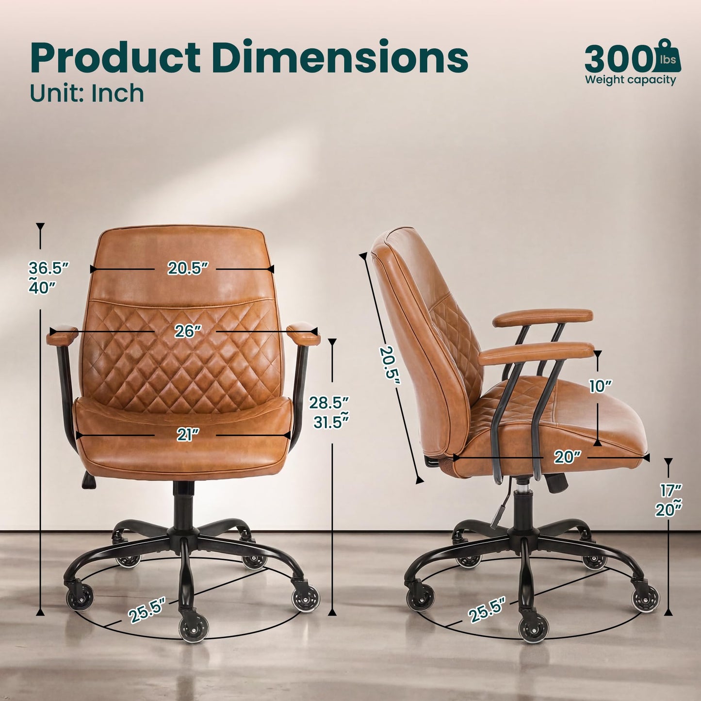NEO Chair Ergonomic Leather Office Desk Chair with Fixed Armrests Mid Back Lumbar Support Swivel Executive Computer Chair with Wheels Comfy Home Office Chair for Adults (Brown)