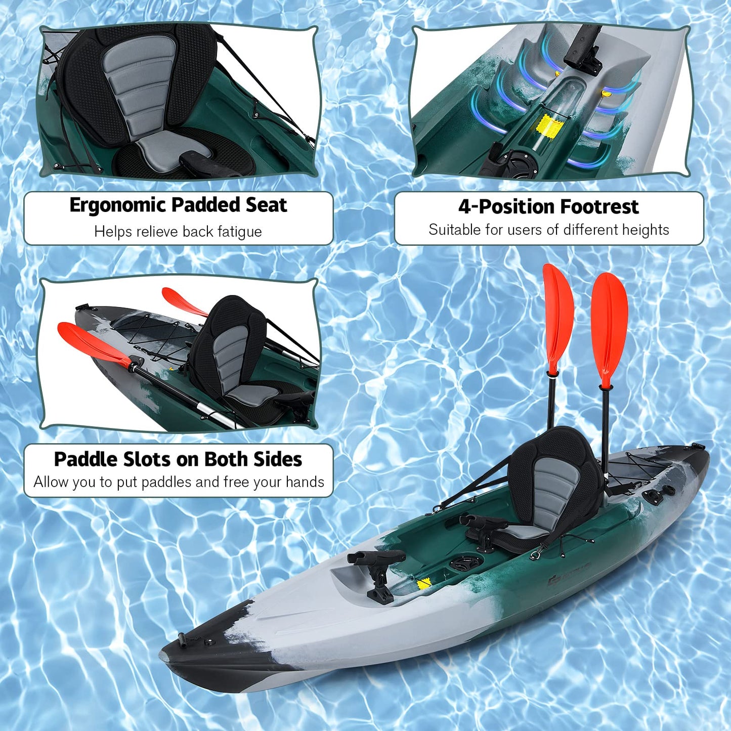 9.7FT Sit-On-Top Kayak Boat for Adults, 1-Person Fishing Kayak Raft with Aluminum Paddle & 4 Fishing Rod Holders, Portable Touring Kayak for Sea, Lake & River