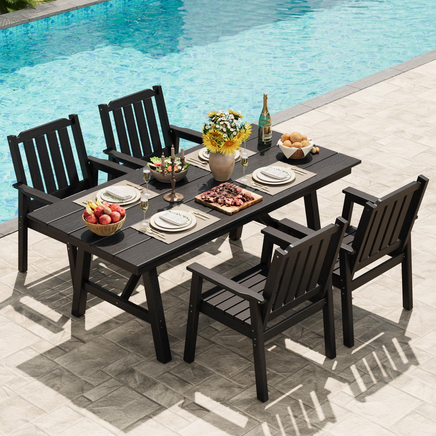 IDEALHOUSE 5-Piece Outdoor Patio Dining Set for 4-6, HDPE Table with Umbrella Hole and Sturdy Aluminum Frame, Weather-Resistant Garden Table and Chairs for Backyard, Poolside and Porch, Black