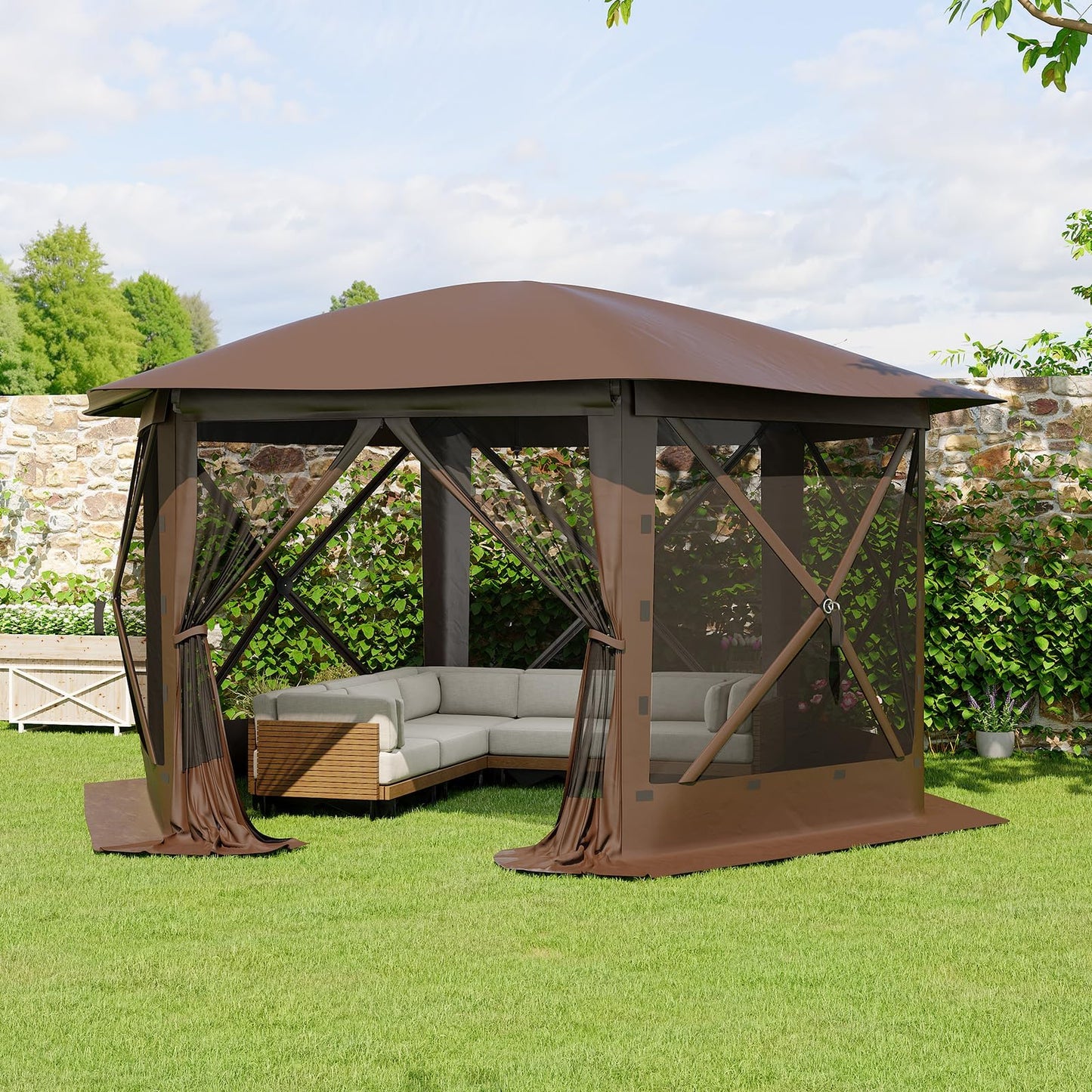 GarveeLife 11.5x11.5FT 6-Sided Pop Up Gazebo Tent，One-Push Setup Canopy Tent with Mesh Panels & Removable Wind Cloths, Outdoor shelter for Camping, Backyard Parties, Outdoor Events - Beige & Khaki