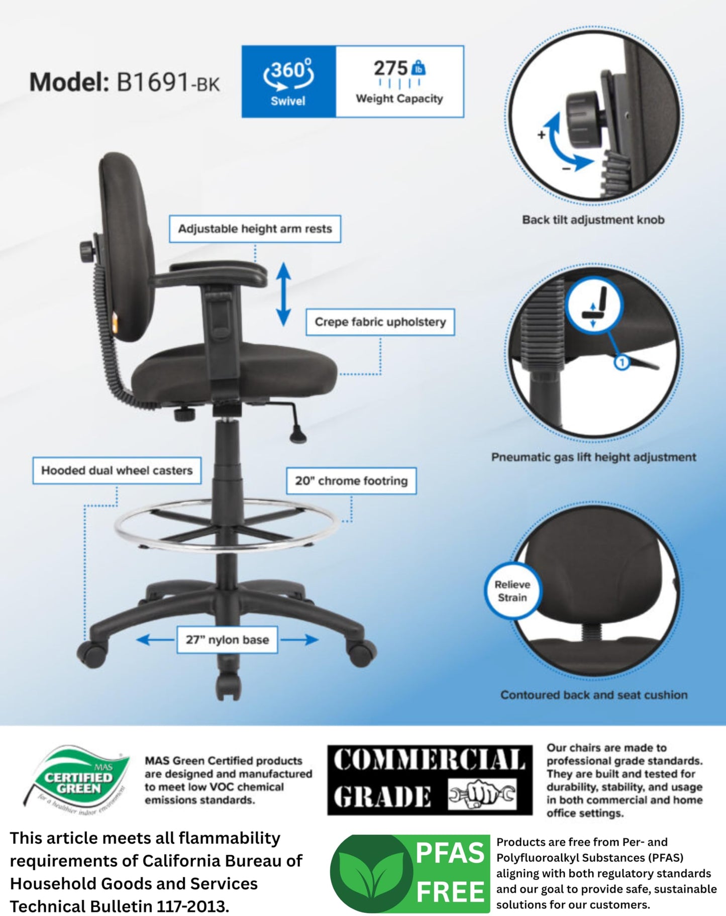 Boss Office Products B1691-BK Stand Up Fabric Drafting Stool with Adjustable Arms in Black