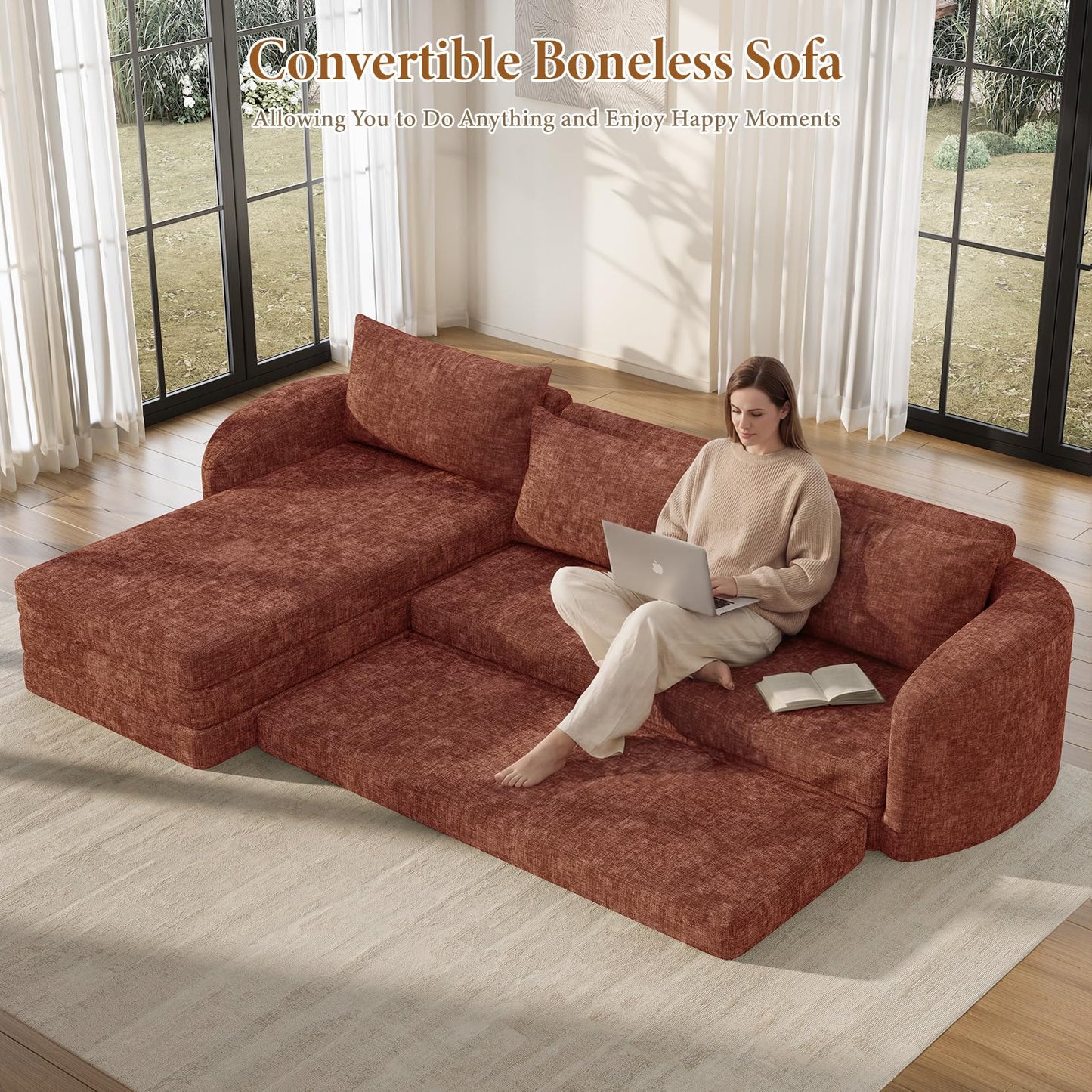 Vesgantti 110.2" Modular Sectional Sofa with Curved Armrest, 6 in 1 Convertible Folding Sleeper Sofa Bed, Chenille Boneless Couch for Living Room, No Assembly Required, Orange, Left Facing Chaise