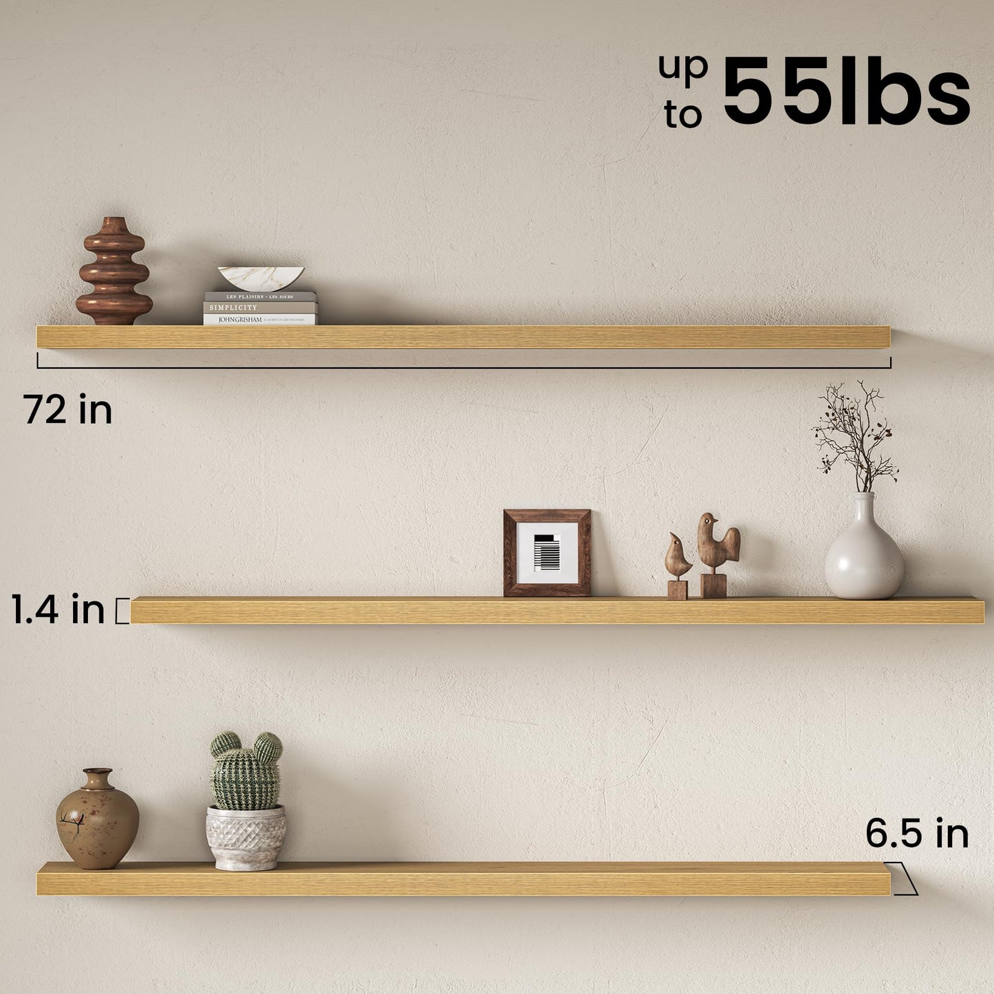 72 Inch Floating Shelves for Wall, Rustic Wood Wall Mounted Deep Storage Shelves with Invisible Brackets, Panoramic Decorative Display Ledge for Living Room Bedroom and Kitchen, Set of 2, Oak