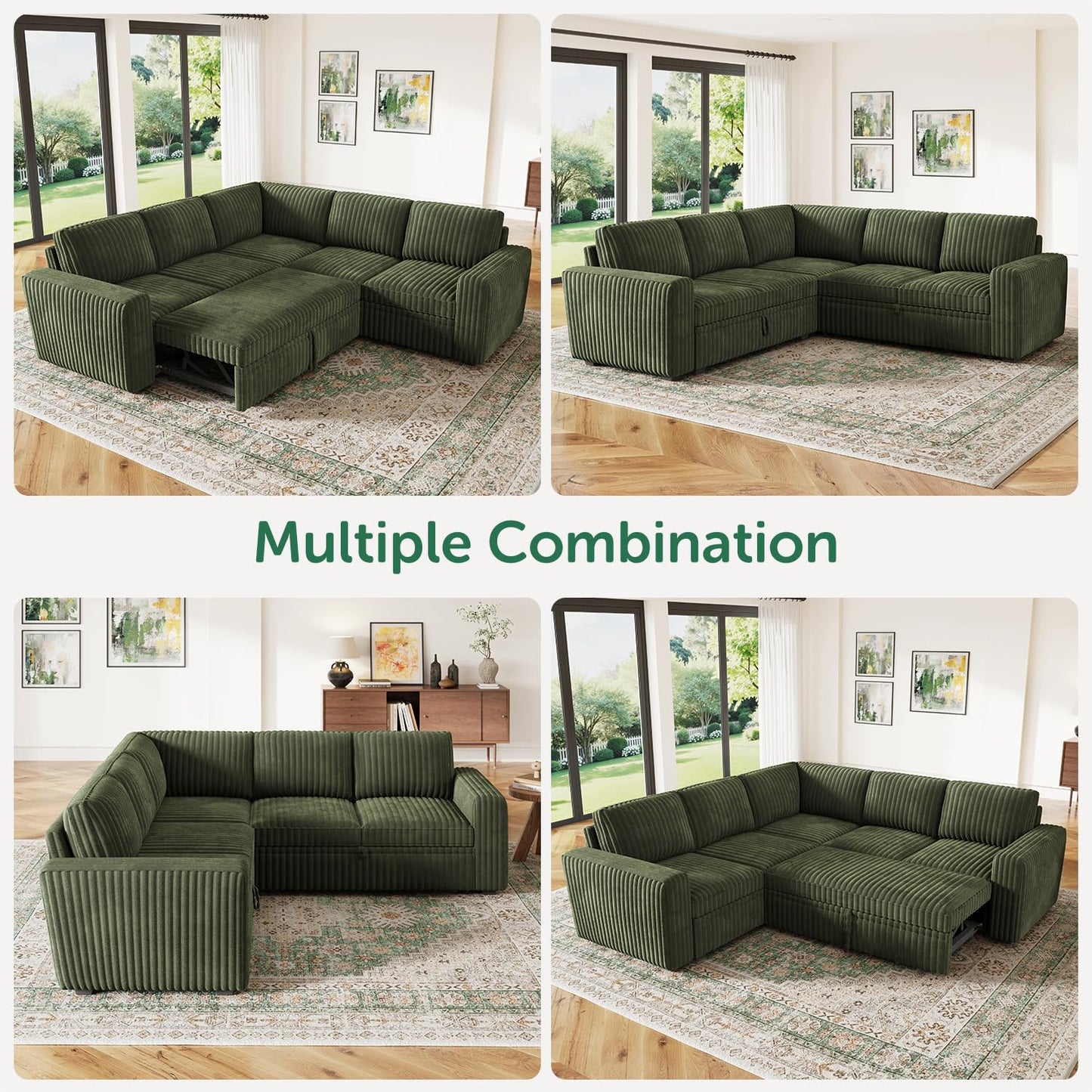 HONBAY Modular Sectional Sleeper Sofa with Pull Out Bed,Corduroy L Shaped Couch with Storage, Sectional Couches for Living Room,Green