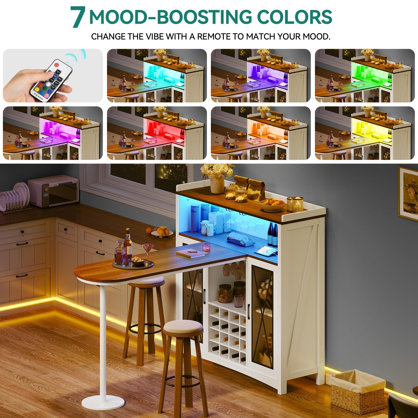 YITAHOME Mini Bar Unit for Home with LED Light & Wine Bar Cabinet, Large Tall Height Bar Table with Wine Rack, Farmhouse Coffee Station with Storage Glasses Hanger for Kitchen Pub, Walnut & White