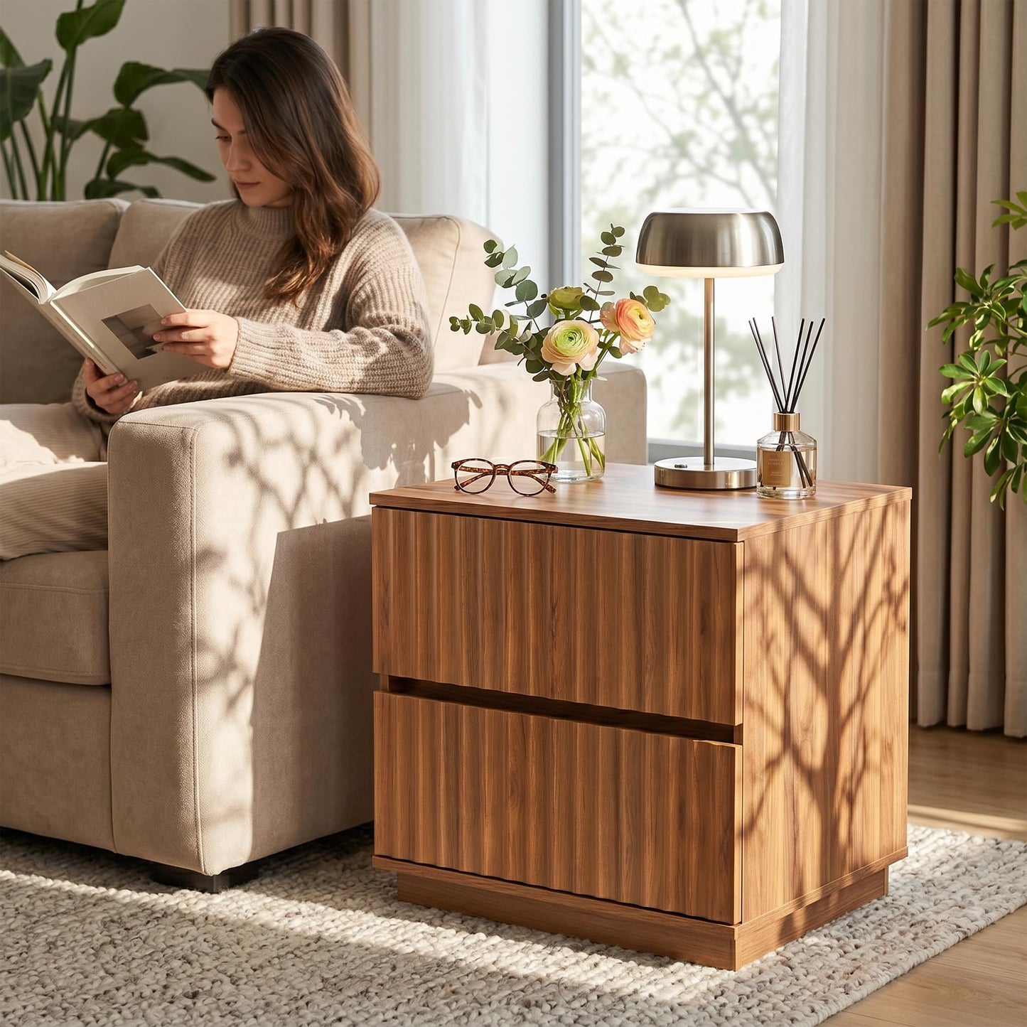 FurniXpress Fluted Nightstands Set of 2, 23.6" Wide Walnut Brown Mid-Century Modern Bedside Tables with 2 Drawers, Handleless Night Stand for Bedroom