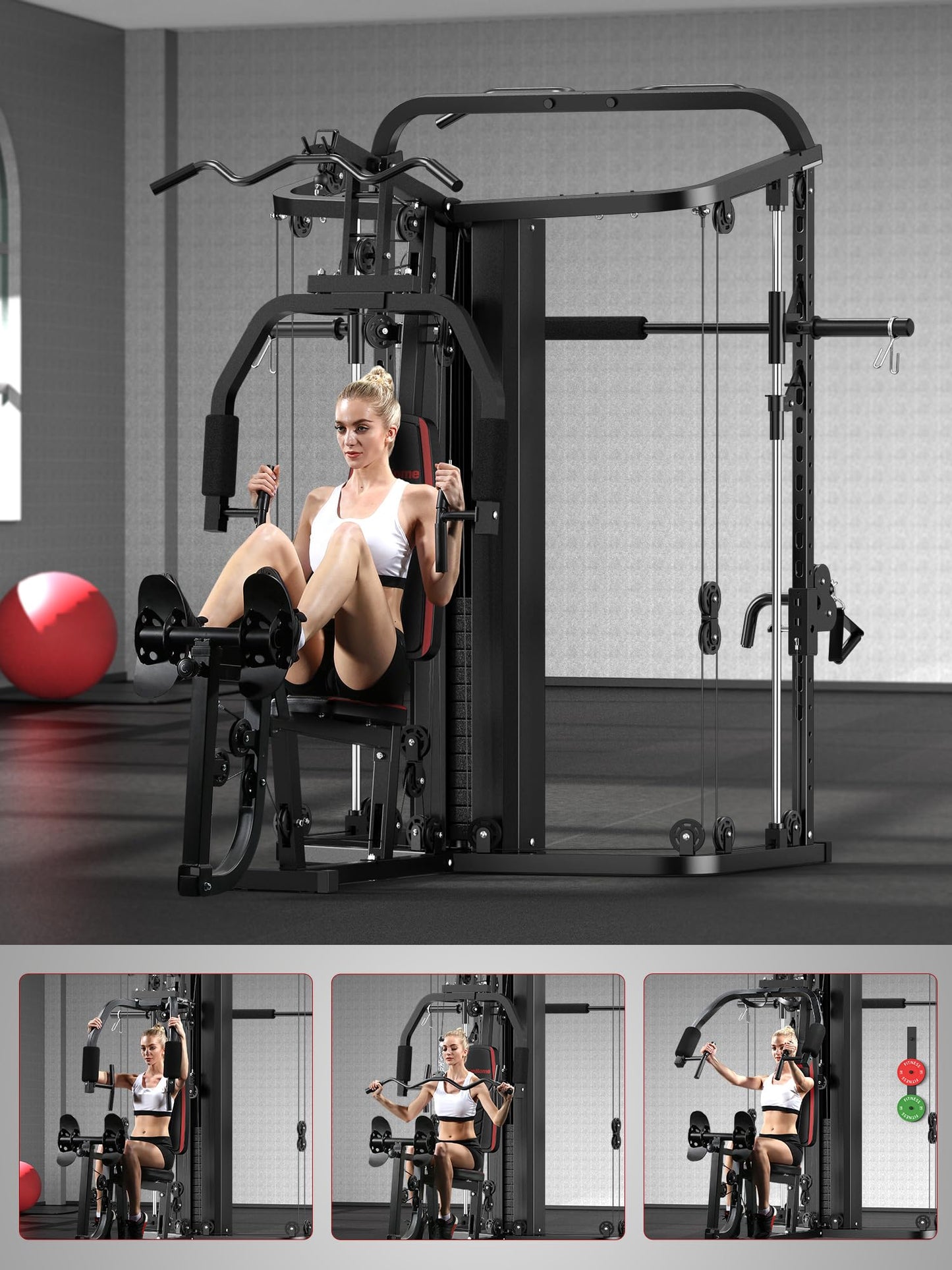 SunHome Multifunction Home Gym Equipment Workout Station, Smith Machine with 138LB Weight Stack, Leg Press, LAT Station for Full Body Training