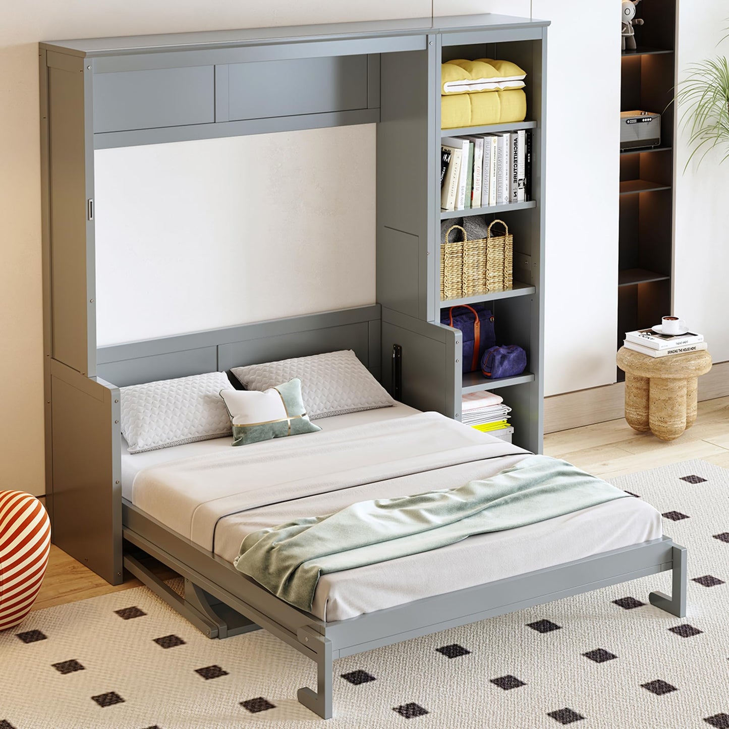MERITLINE Full Murphy Bed with Desk and Storage Shelves,Wood Hideaway Murphy Wall Bed with Storage Bookcase for Adults (Grey,Full)