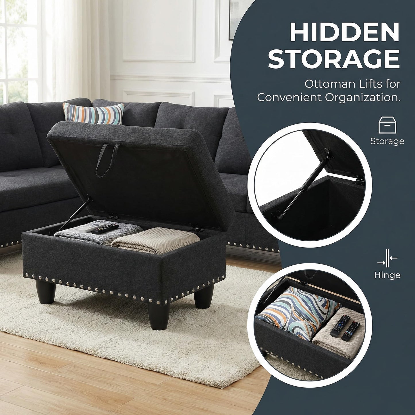 Trygoal 97" Linen 4-Seat L-Shaped Sectional Sofa with Movable Chaise & Storage Ottoman - 3-Piece Modular Convertible Couch for Living Room, Bedroom, Apartment & Office, Black Grey