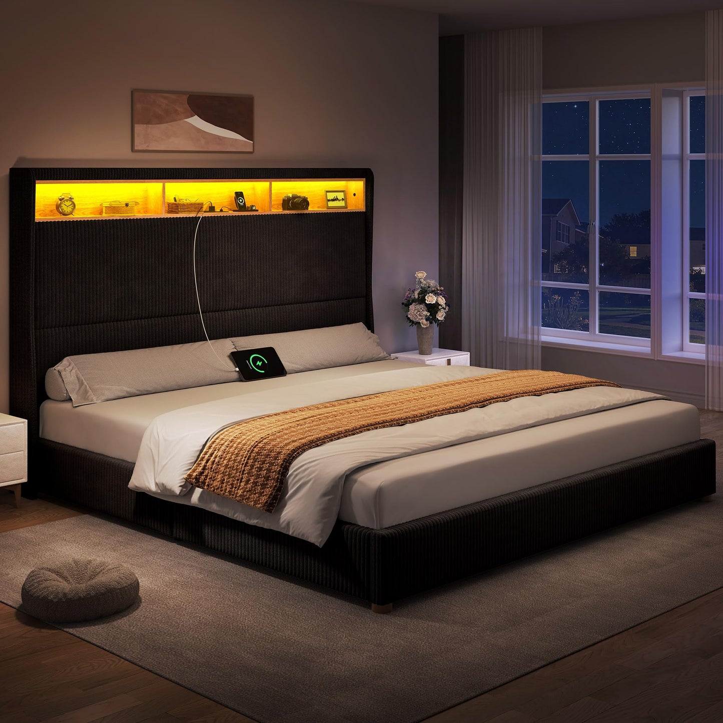 YITAHOME King Size Corduroy Upholstered Platform Bed Frame with Charging Station and RGB LED Lights, 53’’ Tall Storage Wingback Headboard, No Box Spring Needed, Easy Assembly, Noise-Free, Black