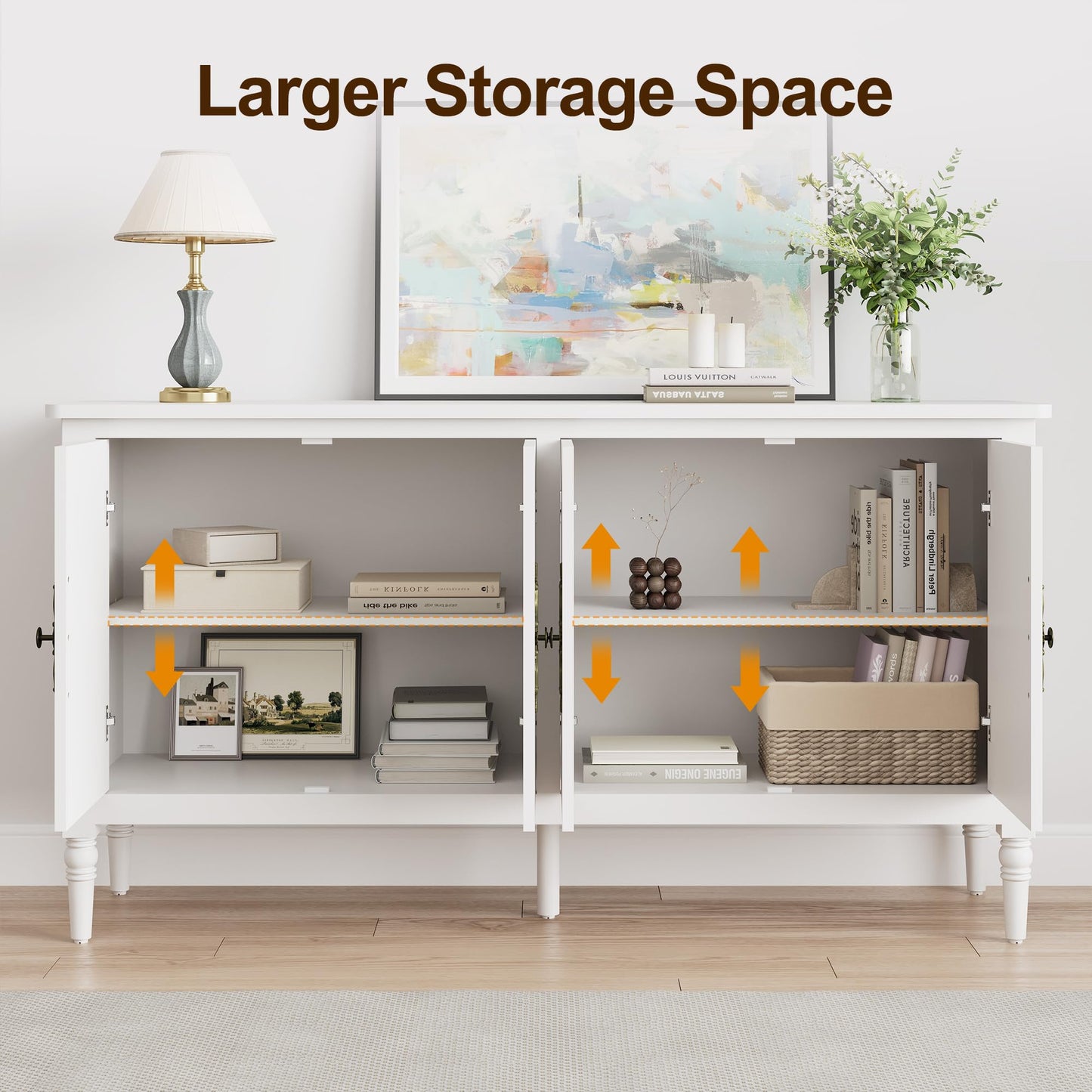 FansaFurn 58'' Large Sideboard Buffet Cabinet with 4 Doors, Modern Credenza Buffet Table for Coffee Bar, Storage Cabinet for Dining Room Living Room, White