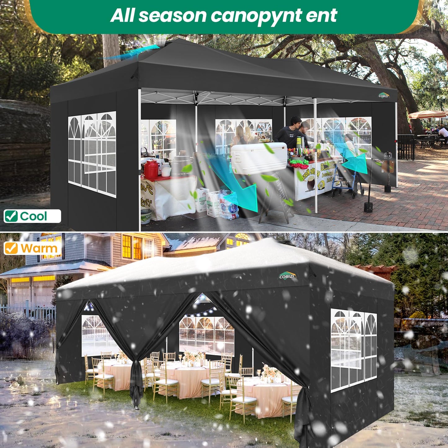 COBIZI Canopy 10x20 Pop Up Canopy Tent with 6 Sidewalls, One Push Party Tents for Parties Outdoor Wedding Waterproof Gazebo Commercial Event Tent with Sandbags, Black