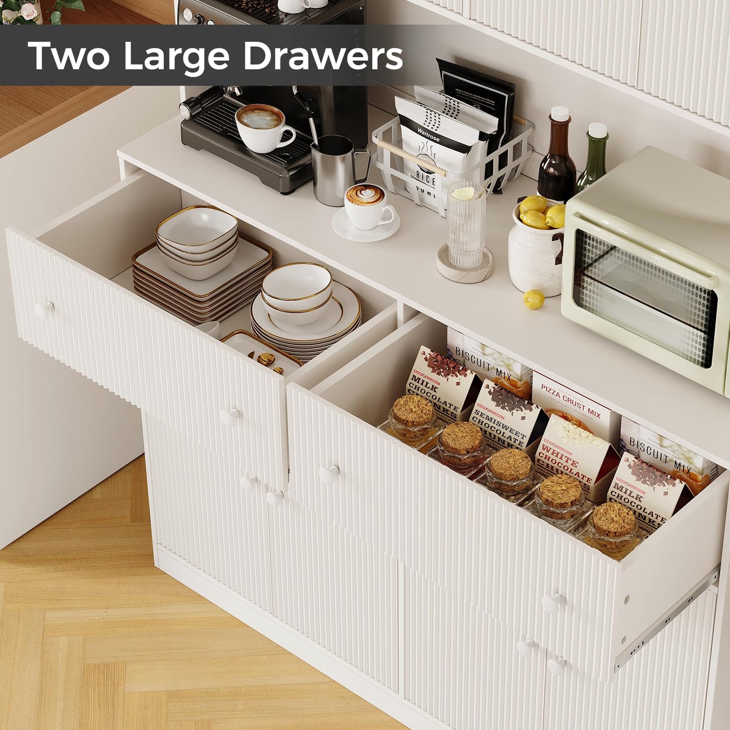Garvee 47" Fluted Kitchen Pantry Cabinet with Countertop and Charging Station - Tall Pantry Storage Cabinet with 2 Drawers and Adjustable Shelves for Dining Room, Living Room