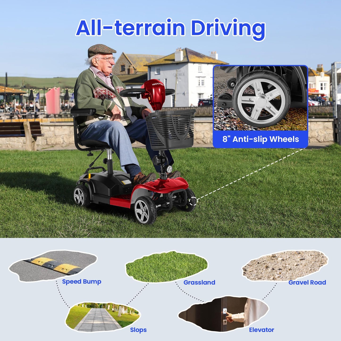 Wooken Mobility Scooters for Seniors, Adults, 4 Wheels Foldable Powered Mobility Scooter 264 lbs All Terrain, Compact Heavy Duty Electric Powered Wheelchair with Seat for Travel, Smart Safety System
