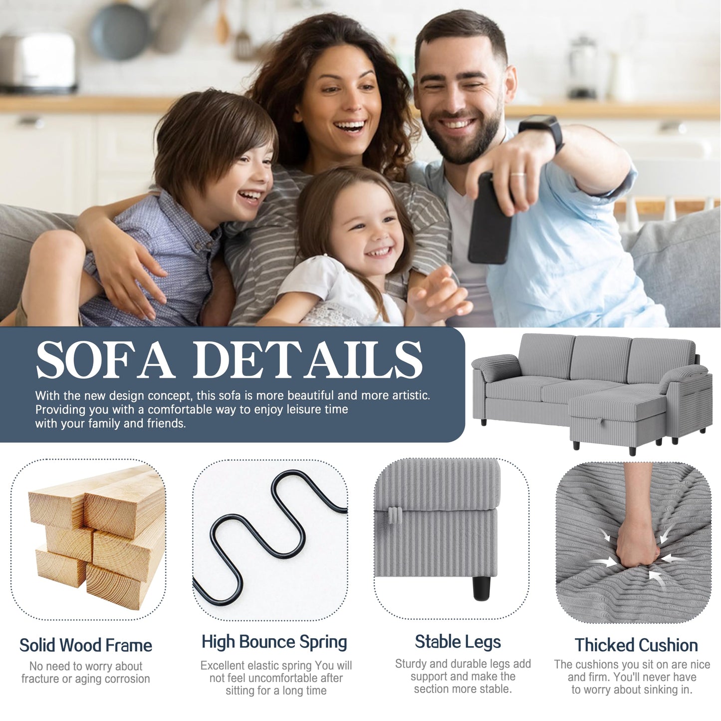 Meilocar Sectional Sofa Couch for Living Room, 79" Sectional Couches with Storage Ottoman, L Shaped Couch with Sloping Armrests, 3-Seat Sofa Couches for Small Space, Light Grey