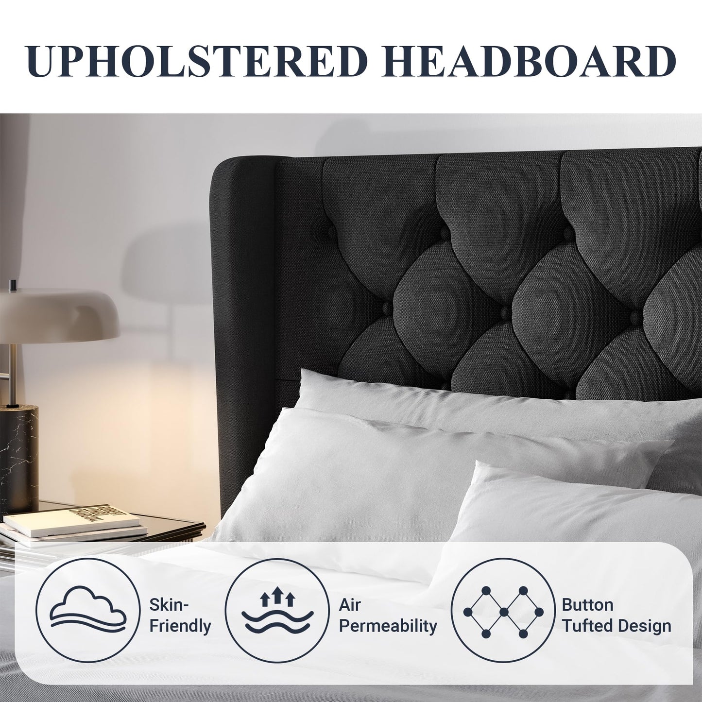 Allewie King Size Bed Frame with Button Tufted Wingback Headboard, Modern Upholstered Bed Frame with Solid Wooden Slats Support - No Box Spring Needed, Easy Assembly, Black