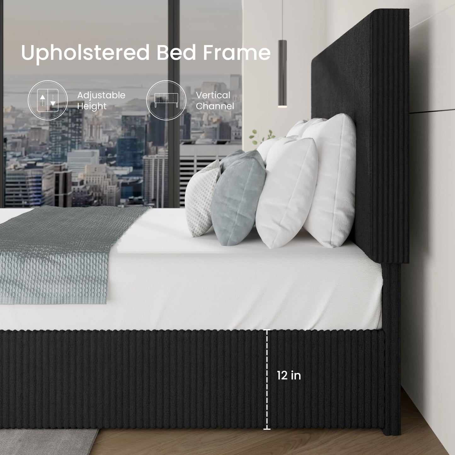 SHA CERLIN Queen Bed Frame, Corduroy Upholstered Platform Bed, Adjustable Vertical Channel Tufted Headboard, Modern Low Profile Frame, No Box Spring Needed, Easy Assembly, Black