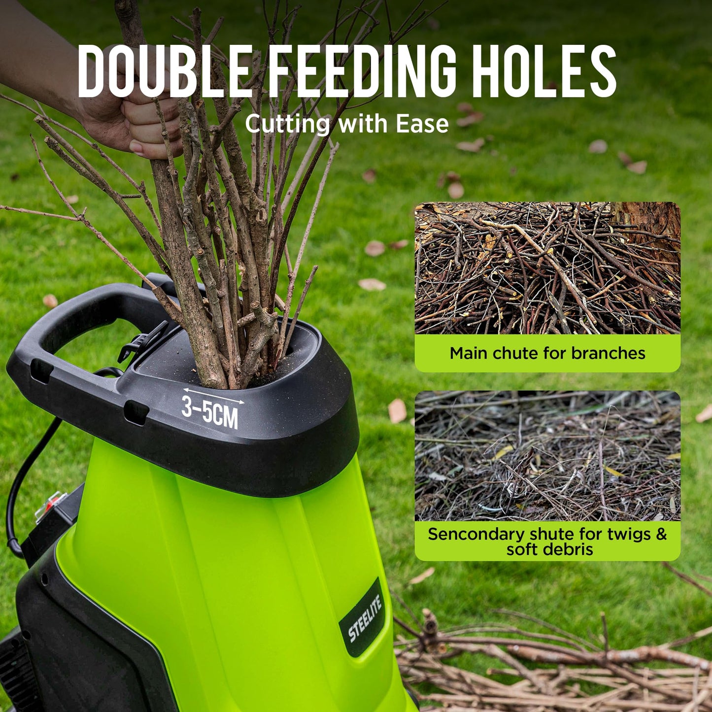 Steelite 1.8" 15 Amp Electric Wood Chipper, 55L Collection Bin Electric Mulcher Chipper Shredder, Wood Chipper with Max 4000RPM Motor Speed, Easy-Cleanup Dual Steel Blades Ideal for Twigs, Branches