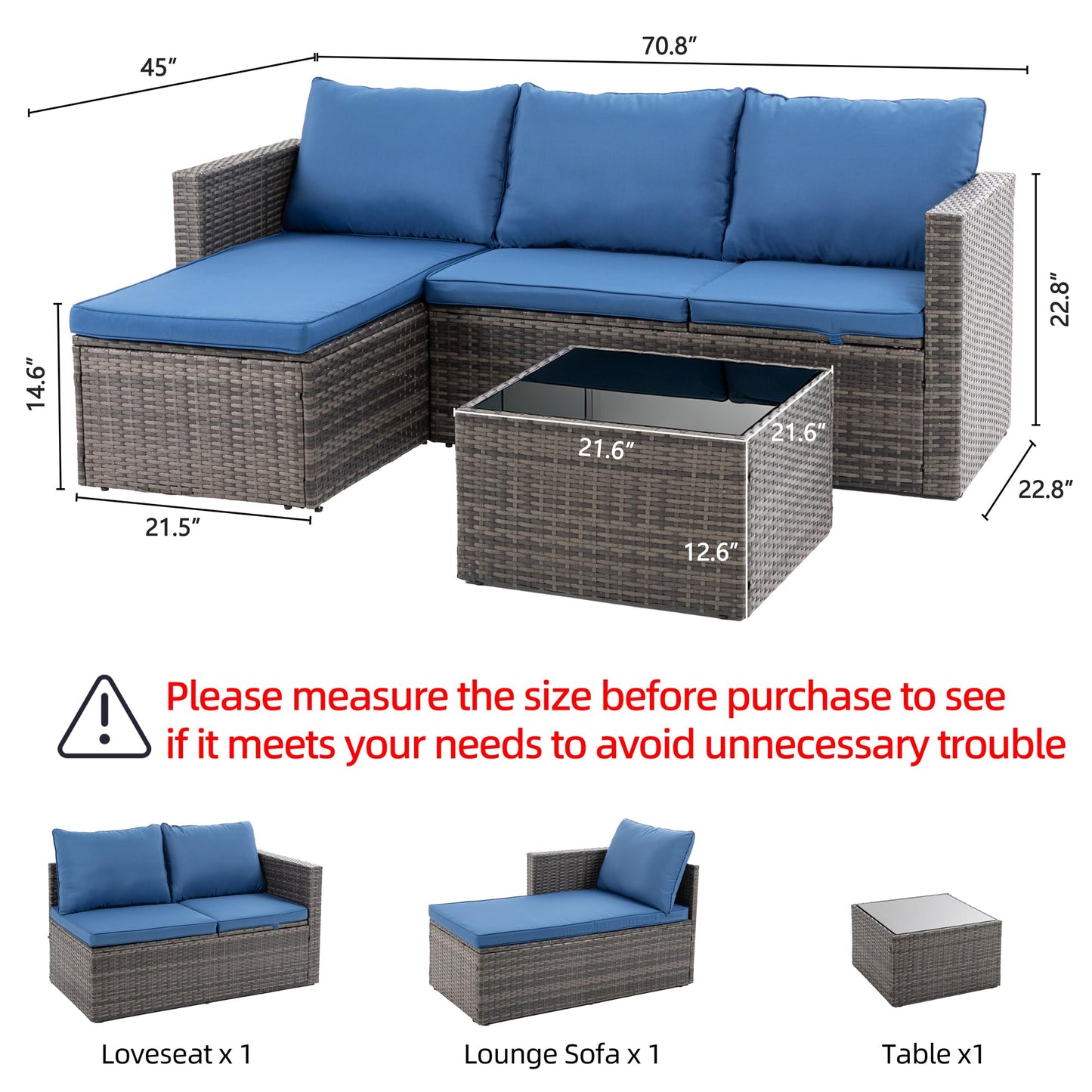 Shintenchi 4 Pieces Patio Furniture Set, 2-in-1 Convertible Sectional Sofa & Chaise Lounge, All-Weather Wicker Rattan Sofa Couch with Cushions & Coffee Table for Yard, Garden, Porch, Poolside (Blue)