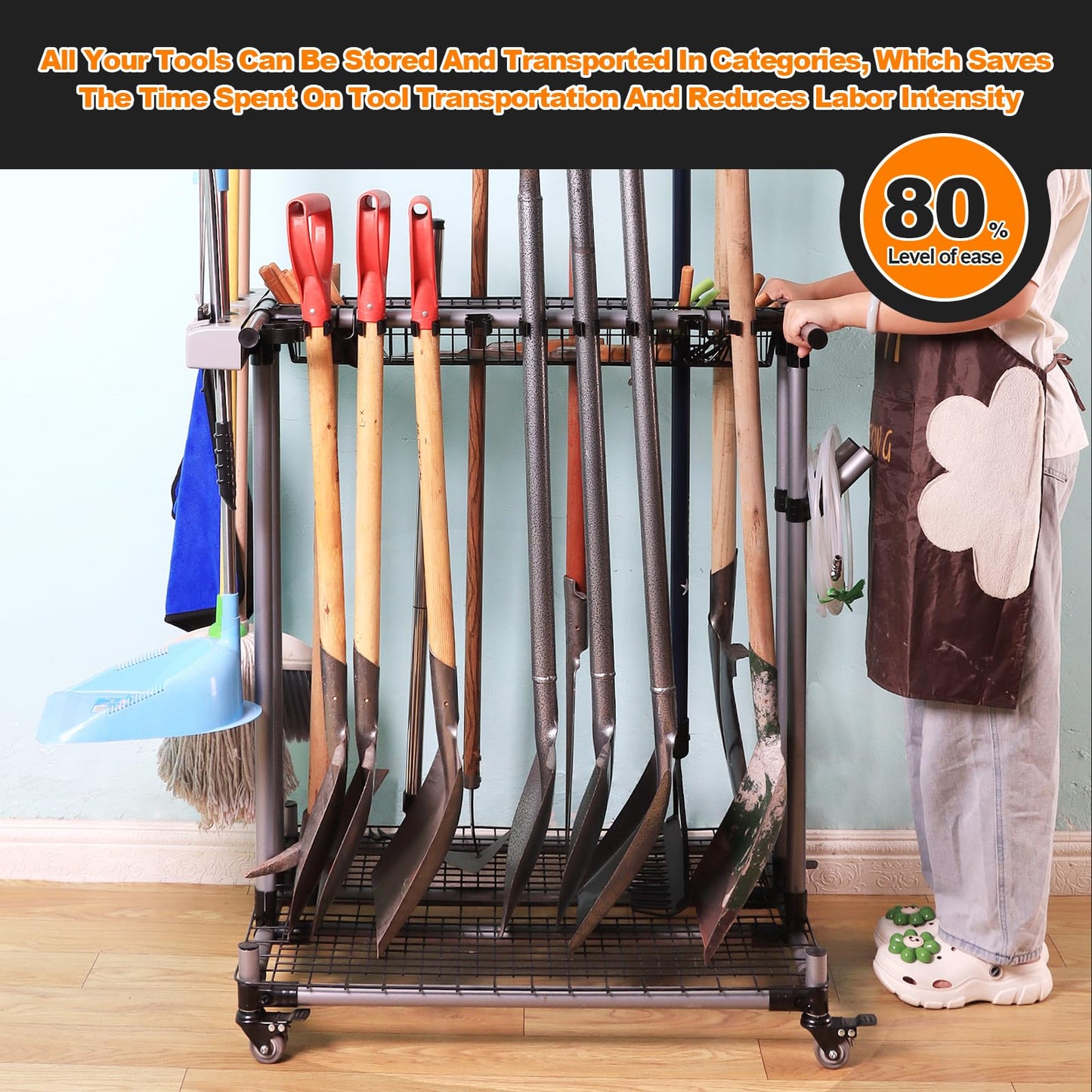 JGLDG Garden Tool Storage Rack with Wheels Heavy-Duty Organizer for Garage, Yard, and Garden Tools