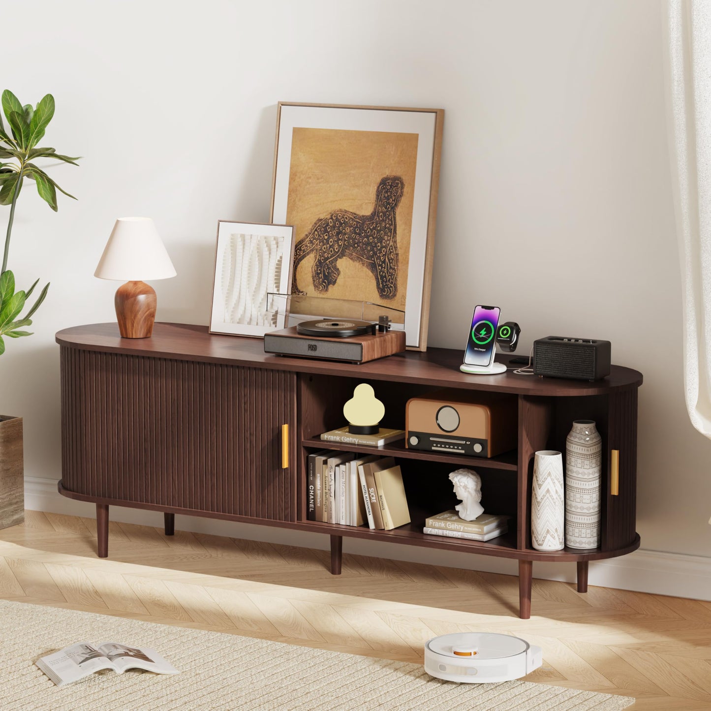 DHH 63 Inch Mid Century Modern TV Stand with Power Outlet for TVs up to 70 Inch, Entertainment Center with Storage and Adjustable Shelves, Media Console with Sliding Doors for Living Room(Walnut)