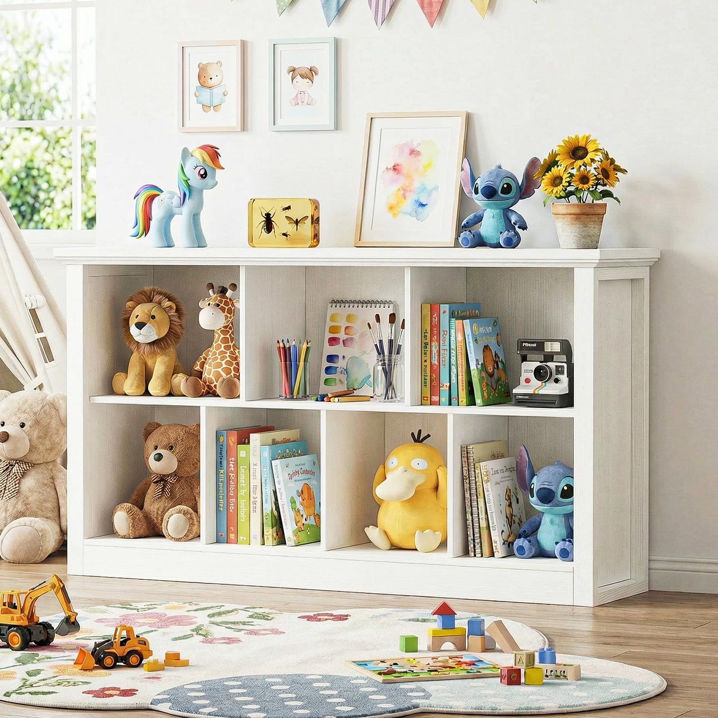Unikito 7 Cube Storage Book Shelf - 47" Wide Wood Cube Storage Organizer, Wooden 2 Tiers Floor Standing Low Bookcase for Living Room, Bedroom, Home Office, Kids Room, Rustic White