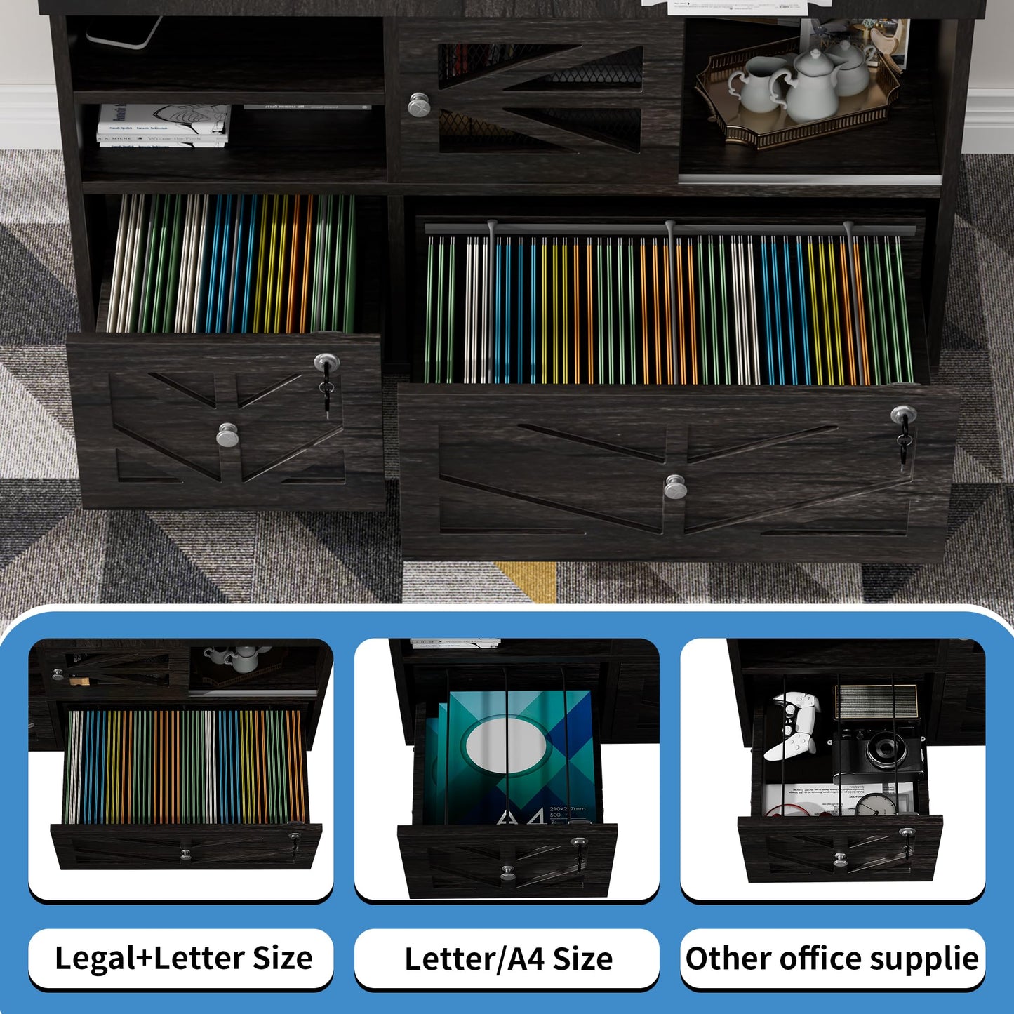 kepptory Lockable 2-Drawer Lateral File Cabinet with Open Storage Shelves, Rolling Filing Cabinet for Home Office, Holds Letter/Legal/A4 Files, Heavy Duty Mobile File Cabinet, Gray