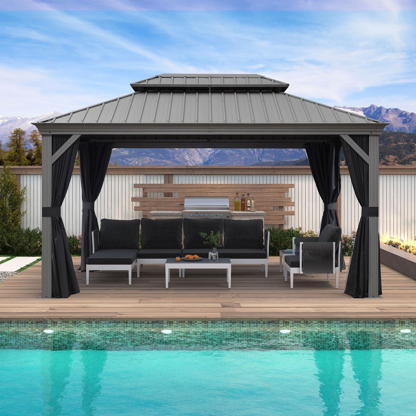 PURPLE LEAF 10' X 14' Patio Hardtop Gazebo Aluminum Outdoor Gazebo with Double Galvanized Steel Roof for Deck Backyard All Weather Outdoor Pavilion Curtain and Netting Included, Light Grey