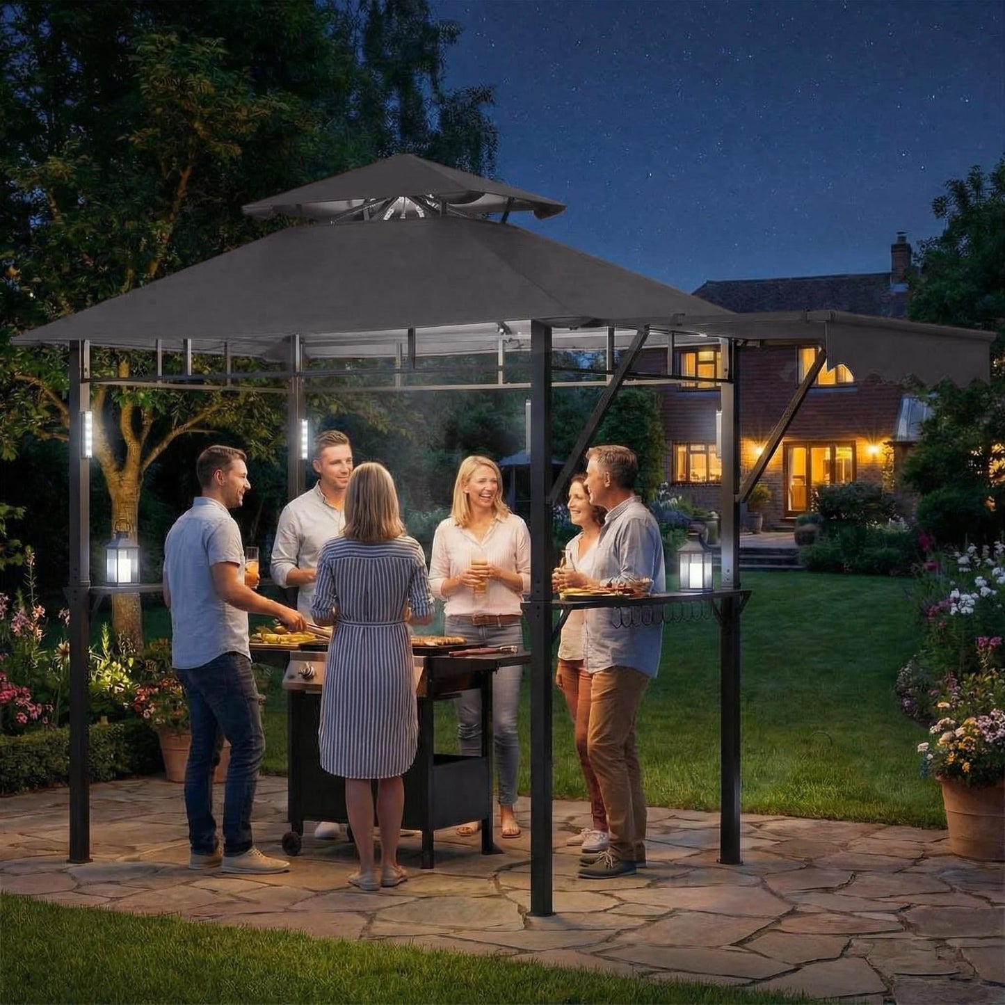 8x5 ft Grill Gazebo, Double Tired Outdoor Patio Canopy Tent with Side Awning Shelves, 4 LED Lights,10 Hooks & Bottle Opener,Heavy Duty Steel Frame Grilling Canopy for Patio Backyard Garden Picnic,Grey