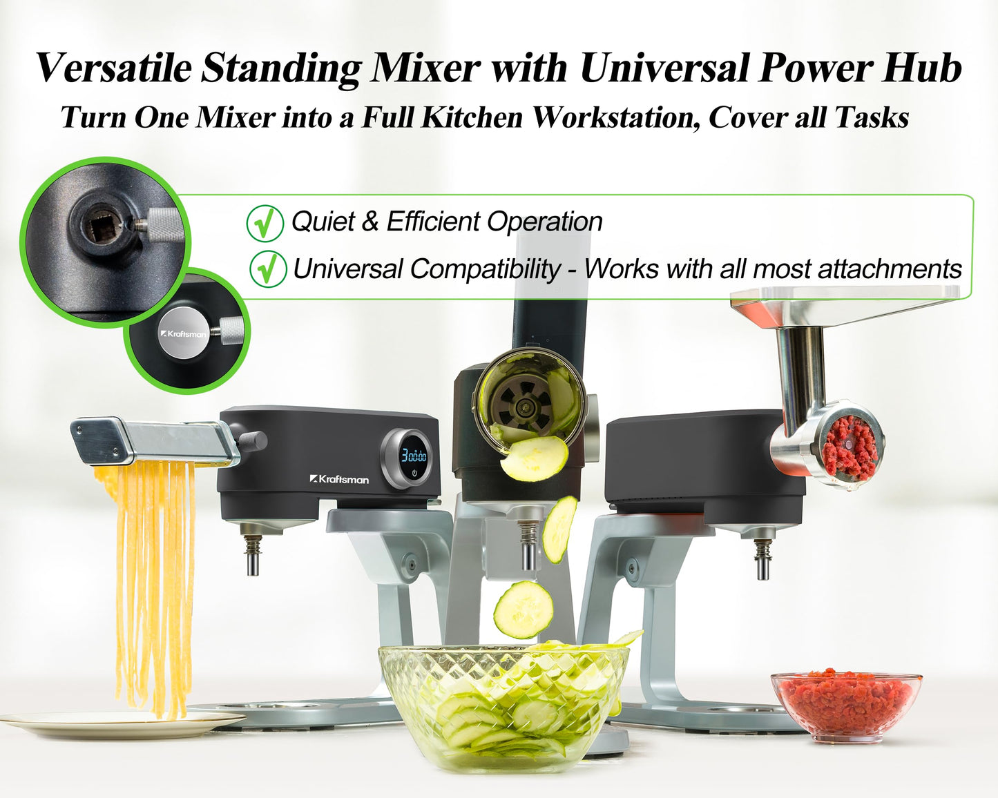 Kraftsman All Metal Stand Mixer DC Motor - Heavy Duty Dough Mixer 5.3 Quart with 4 Stainless Steel Attachments, Quiet Operation with Timer, Verstile Standing Mixer with Power Hub, 8-Speed (Black)