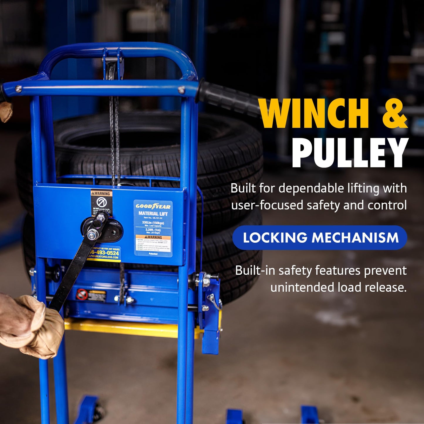 Goodyear Material Lift Winch Stacker, Pallet Truck Dolly, 330 Lbs 40" Max Lift w/ 8" Wheels, Swivel Casters [Patented]