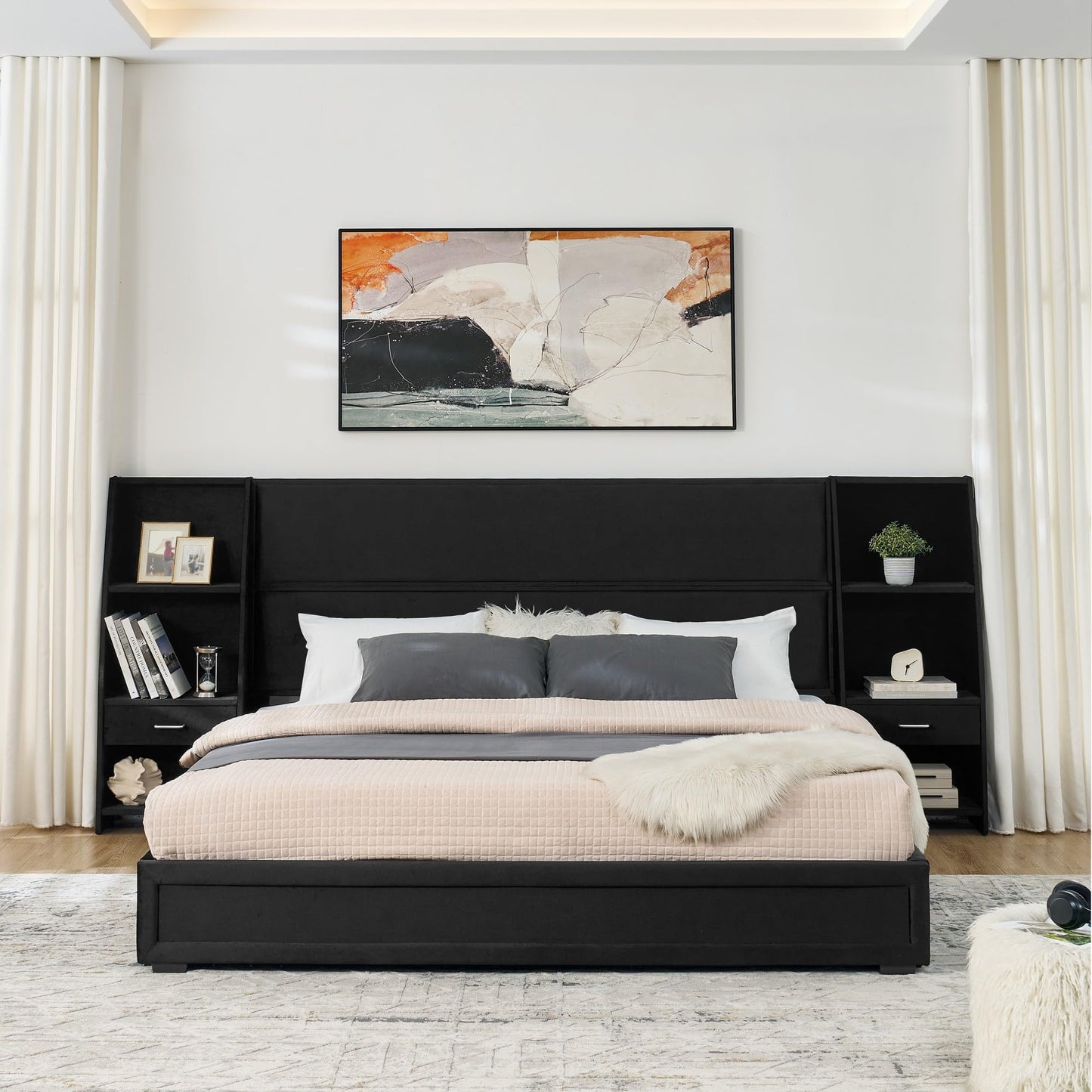 KEIKI King Size Velvet Platform Bed Frame with 2 Built-in Storage Nightstands & Shelves, Oversized Headboard Upholstered Bedroom Bed Set, Wood Floor Grounded Bed, Modern, No Box Spring Needed, Black
