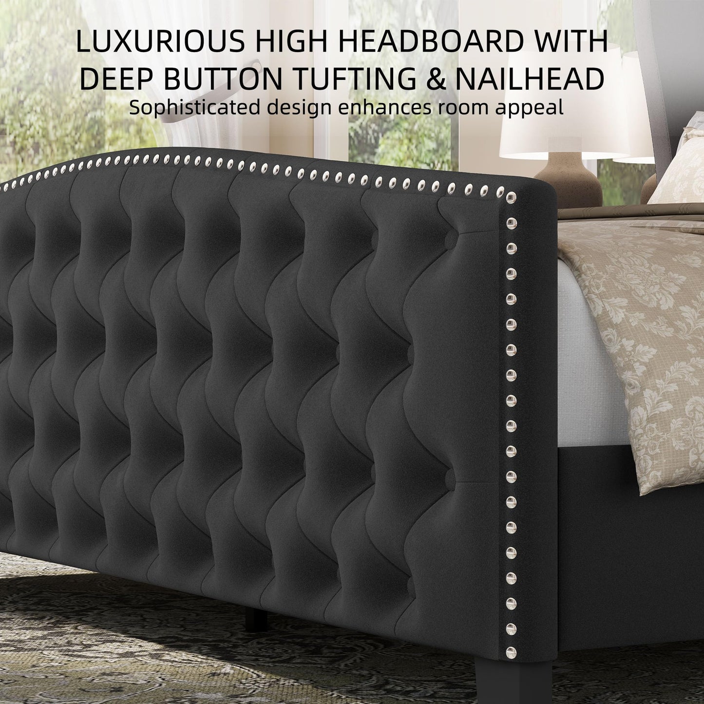 BRELTAM Upholstered King Size Bed Frame Velvet Tufted Bed Frame with Wingback Headboard & Footboard, with Deep Button Tufted & Nailhead Wooden Slats Support, No Box Spring Needed,Grey