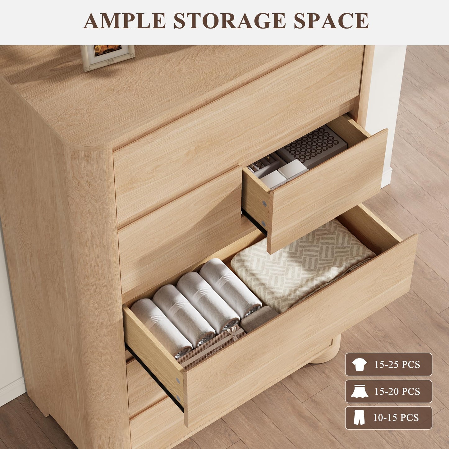 YANSNWO Dresser for Bedroom with 6 Drawers, 48" Tall Modern Chest of Drawers with Unique Thickened Foot, Rounded Corner Design, Wooden Dresser Organizer for Bedroom, Living Room, Hallway, Natural Oak