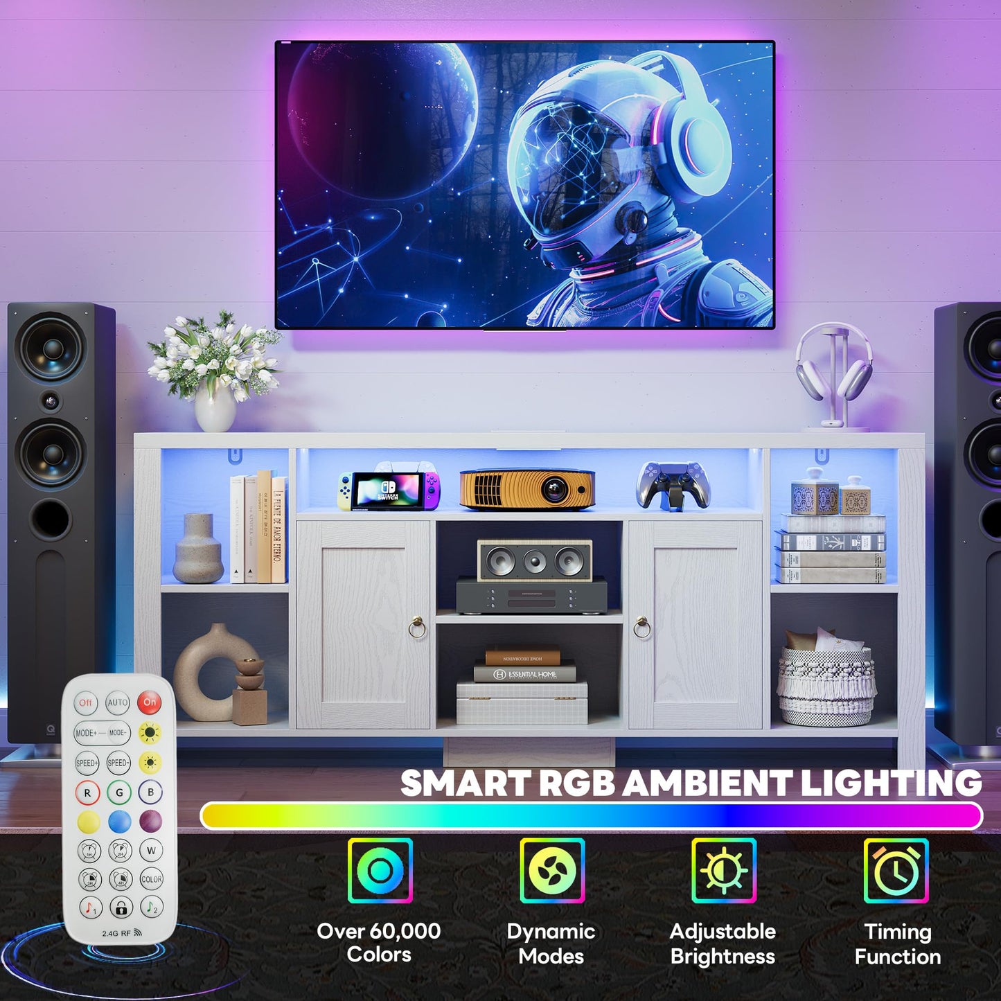 LIKIMIO TV Stand for TVs 80 inch with LED Lights & Power Outlet, Entertainment Center with Cabinets, Adjustable Shelves and Open Shelves, Modern Media TV Console Living Room, White