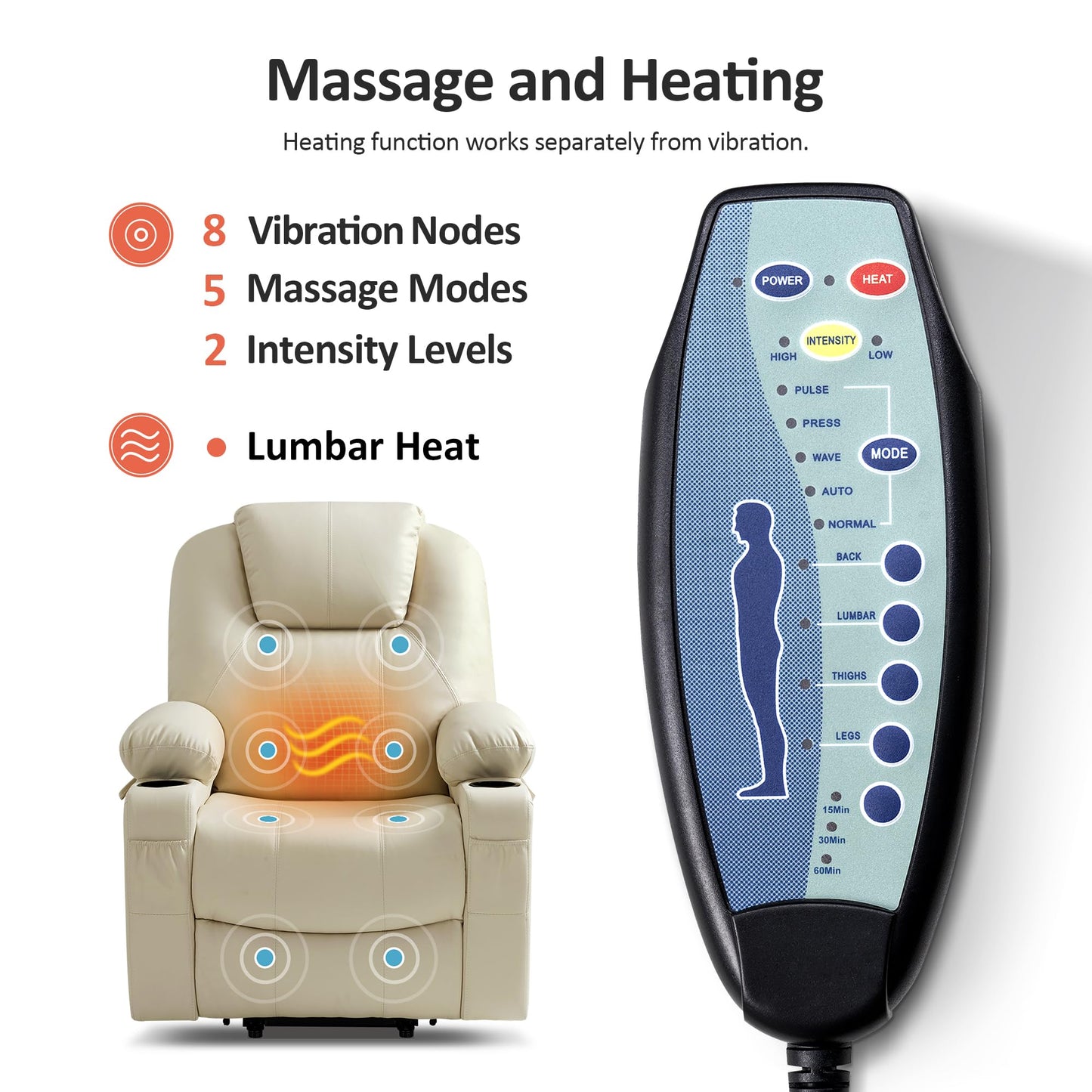 MCombo Power Lift Recliner Chair for Elderly, Lift Chair with Heat and Massage, FSC Certified, USB Ports, Cup Holders, Faux Leather 7040 (Cream White, Medium)