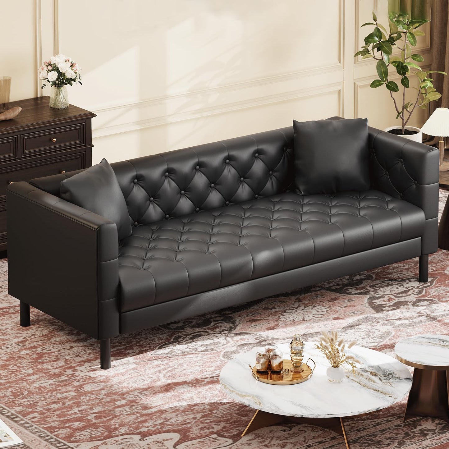 IDEALHOUSE Mid Century Modern Sofa 81 Inch – 3 Seater Faux Leather Couch with Button Tufted Back, Deep Seat Design, Upholstered Sofa for Living Room, Apartment or Office, Black