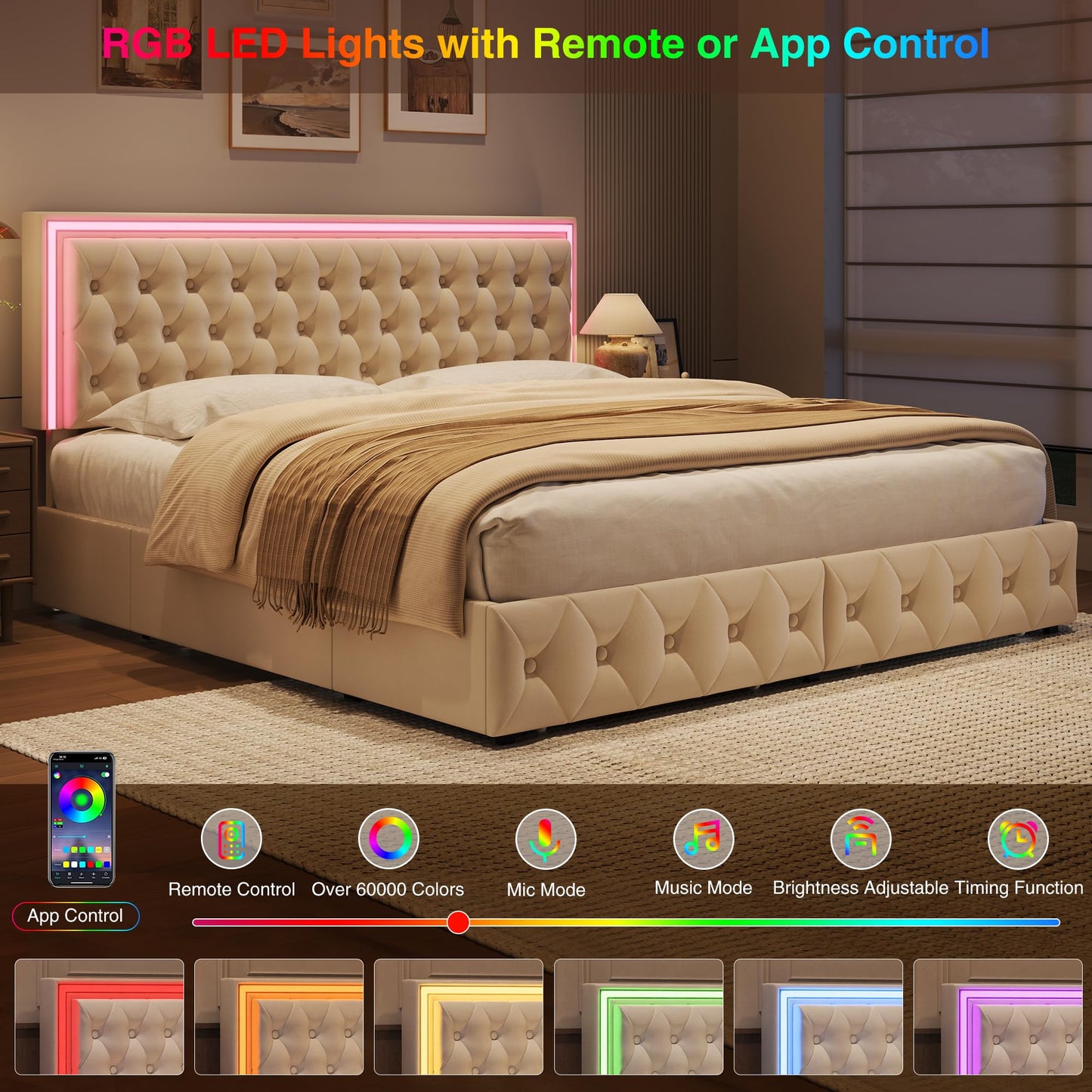 Keyluv Full Size LED Bed Frame with 4 Storage Drawers and Adjustable Headboard, Velvet Upholstered Button Tufted Modern Platform Bed, Solid Wooden Slats Support, Easy Assembly, Beige