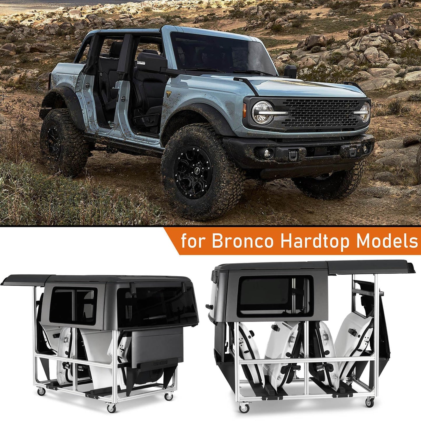Hooke Road Doors and Hardtop Holder Movable Cart Storage Rack for 1997-2026 Jeep Wrangler TJ JK JL Gladiator JT & 2021-2026 Ford Bronco (2/4 Doors Hardtop Only)