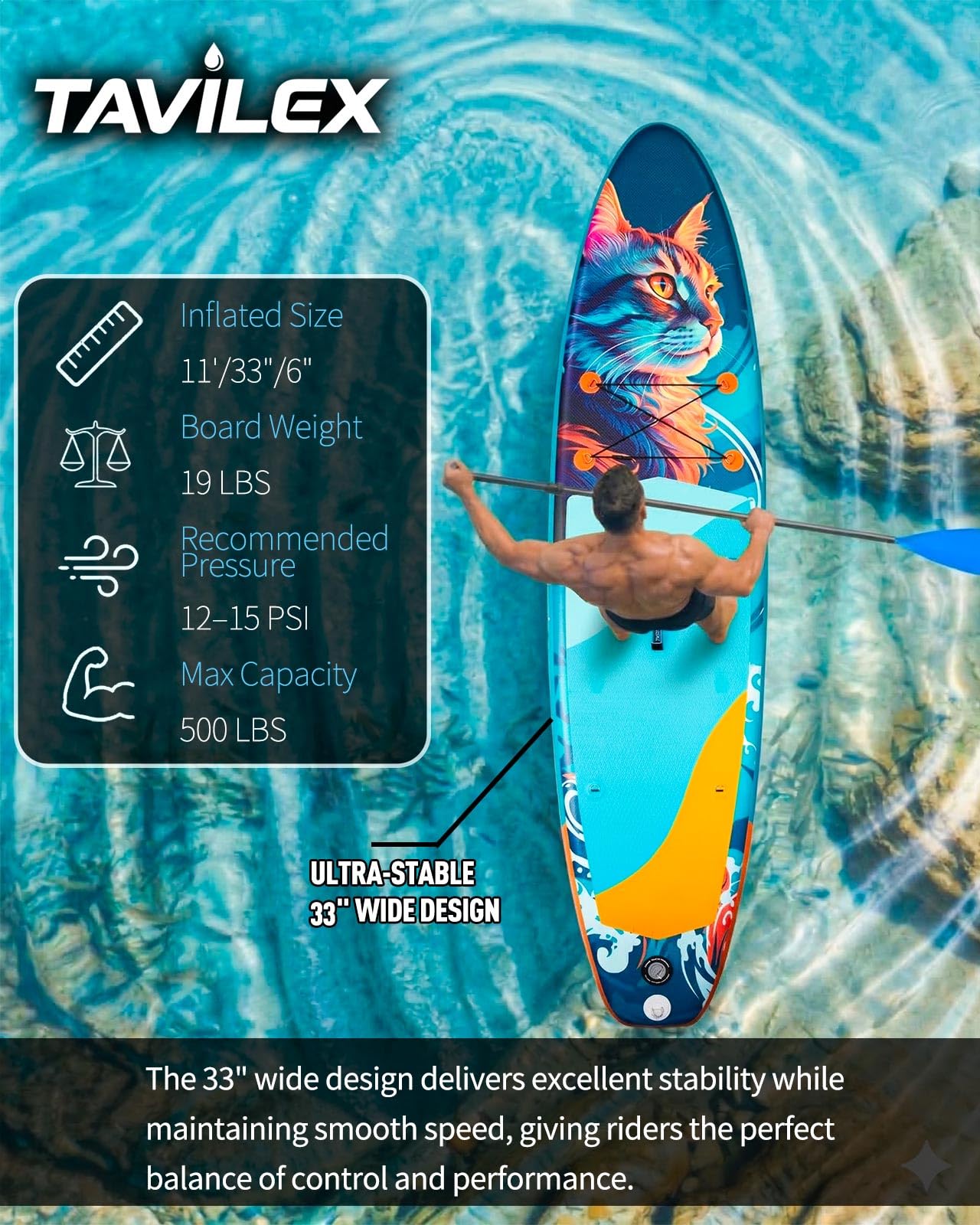 Tavilex Inflatable Stand Up Paddle Board with Seat, 11' x 33" x 6" Ultra-Wide 2-in-1 SUP Board for Adults & Youth, Stable Blow Up Paddleboard Kit with Dual-Blade Paddle (Night Cat)