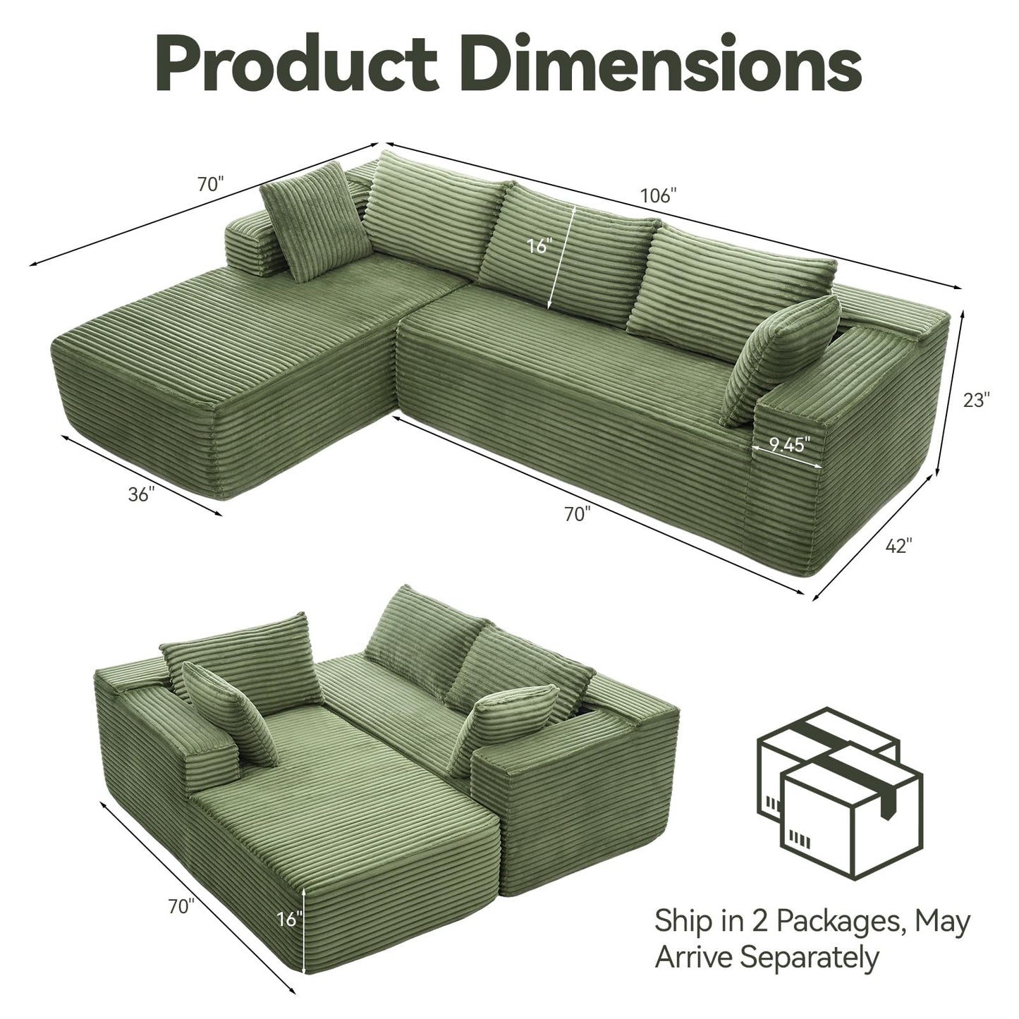 TRUNBACK 106" Modular Sectional Sofa, Green Corduroy Cloud Couch with Right Chaise, Deep Seat Boneless Floor Sofa for Living Room, High-Resilience Foam Support, No Assembly Required, Includes Pillows