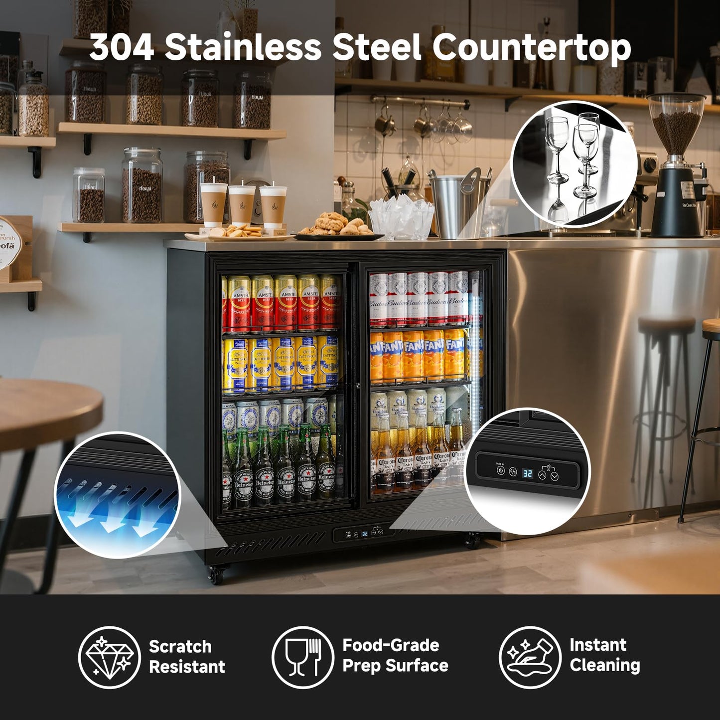 BODEGA BODEGACOOLER Back Bar Cooler,7.7 Cu.ft Commercial Beverage Refrigerator with 2 Sliding Glass Doors,Beverage Fridge with 4 Caster Perfect for Beer,Stainless Steel Top, Wine,Soda,DOE Approved