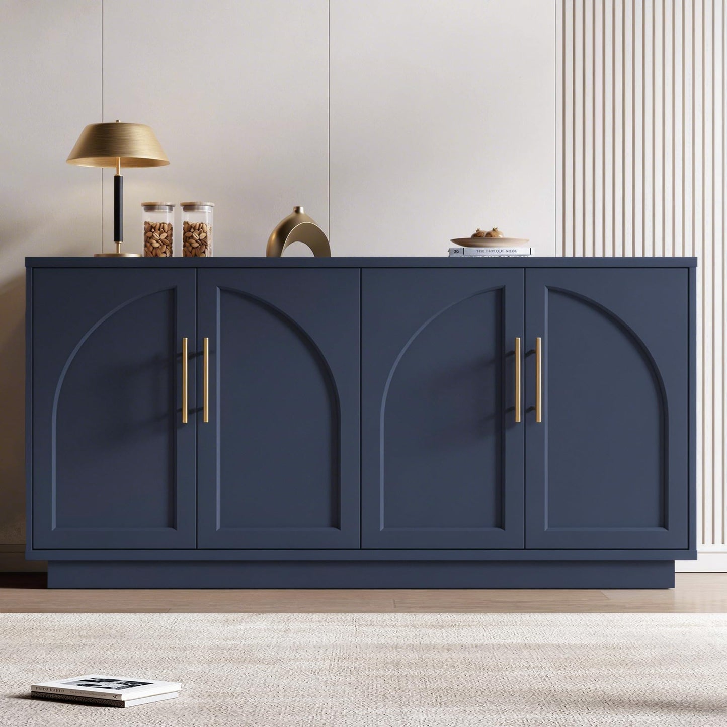 Fatmok Buffet Cabinet with Storage, 59'' Modern Arched Sideboard Cabinet w/Adjustable Shelves, Wood Media TV Console Table Credenza for Living Room Hallway Entryway, Dark Blue