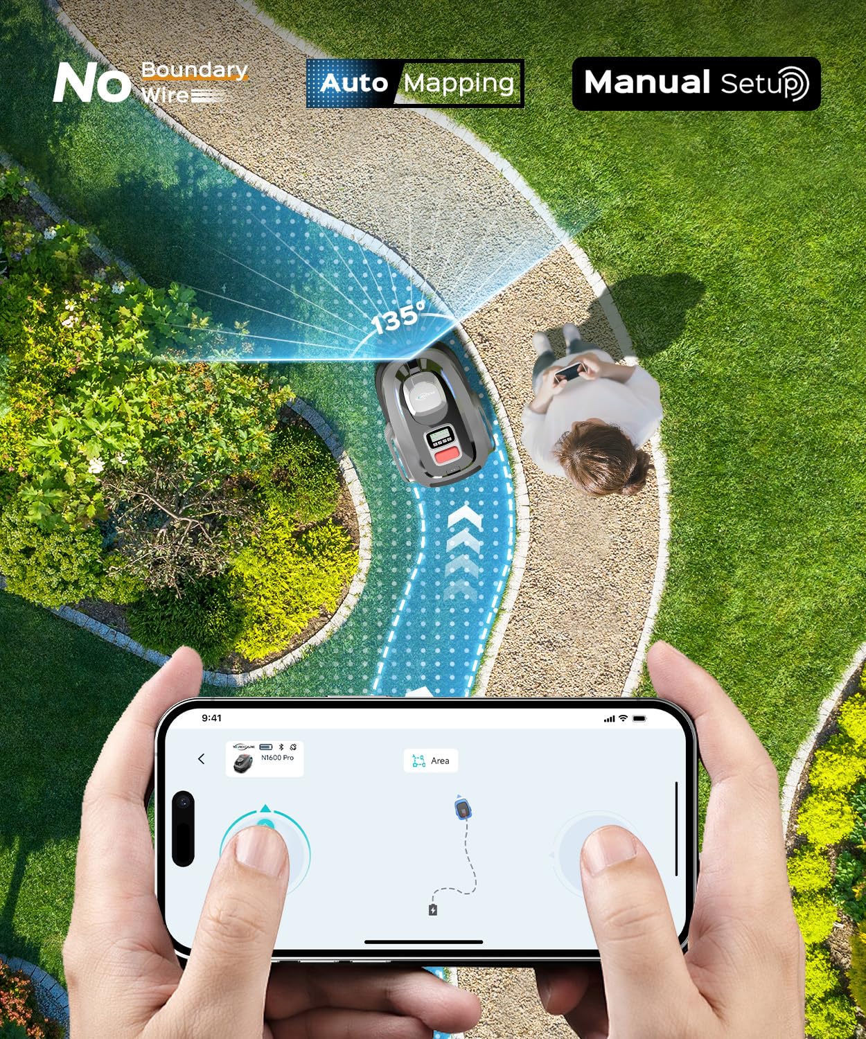 YARDCARE N1600 PRO Wireless Robotic Lawn Mower, RTK & Vision Navigation, Up to 0.4 Acre Coverage, Smart App Control, Multi-Zone Mapping, Systematic Mowing Robot