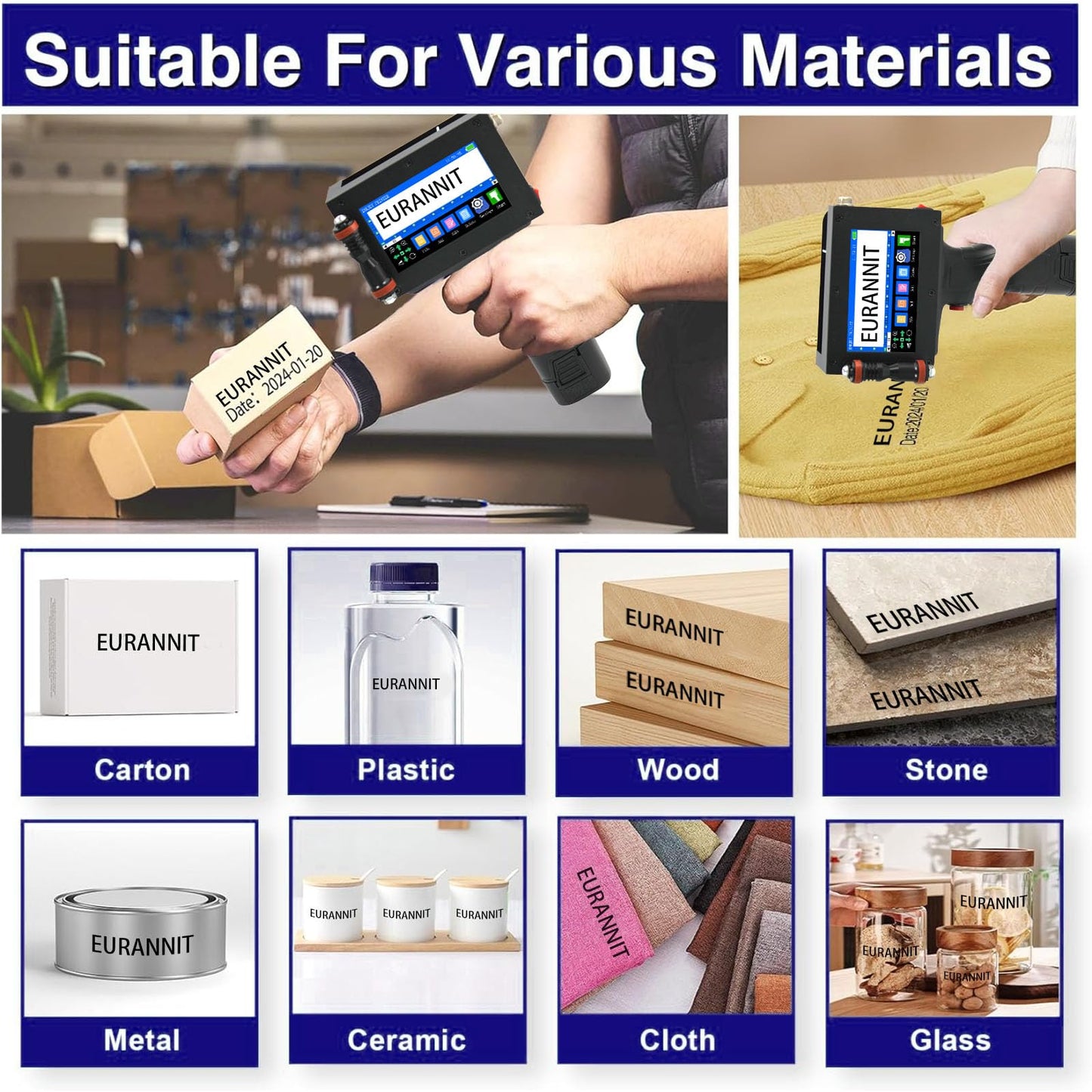Eurannit E16-1 Handheld Inkjet Printer, 1" Portable Smart Printer with ER521 Original Fast-Drying Ink, 360° Date Coder Printing Machine for Text/Barcode/Number/Image/Date Printer for Any Surface